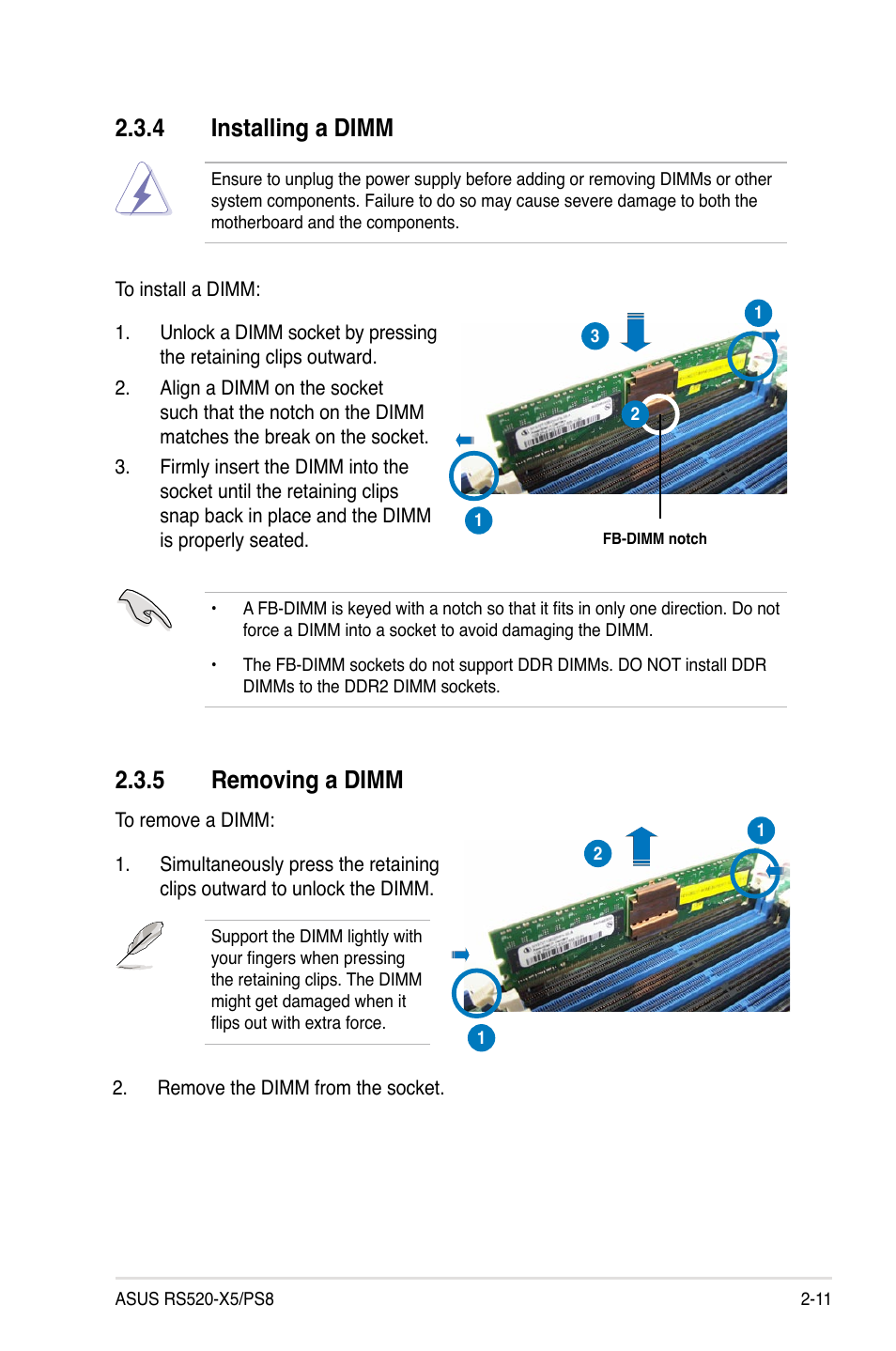 4 installing a dimm, 5 removing a dimm | Asus RS520-X5/PS8 User Manual | Page 29 / 150