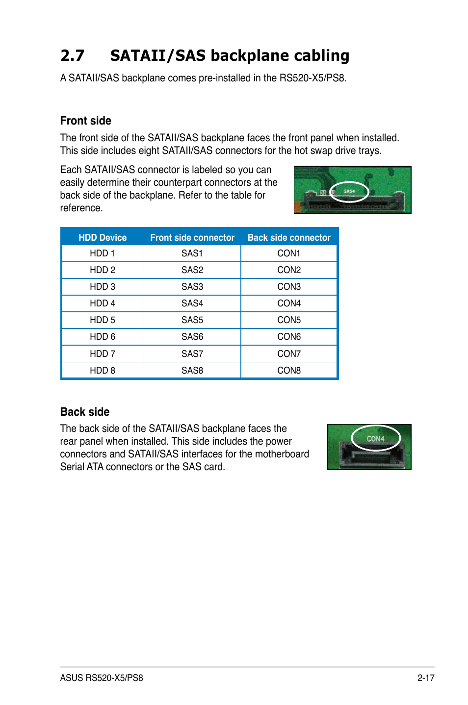 7 sataii/sas backplane cabling, Front side, Back side | Asus RS520-X5/PS8 User Manual | Page 35 / 150