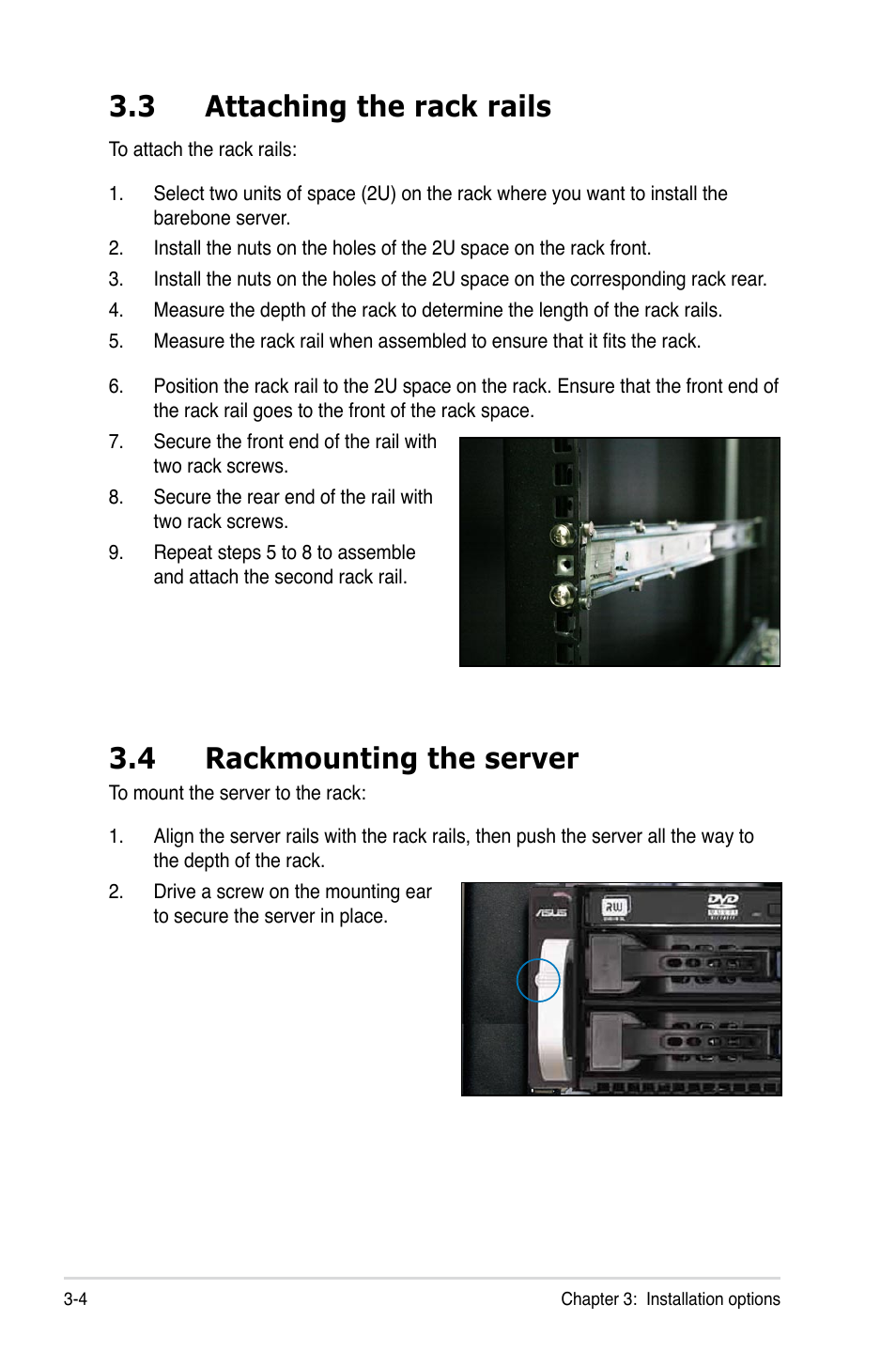 3 attaching the rack rails, 4 rackmounting the server | Asus RS520-X5/PS8 User Manual | Page 42 / 150