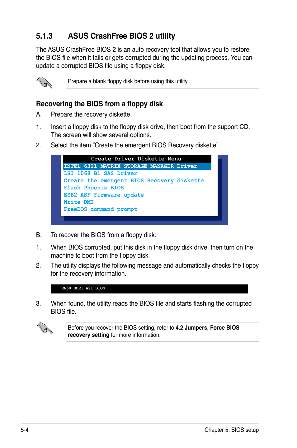 3 asus crashfree bios 2 utility, Recovering the bios from a floppy disk | Asus RS520-X5/PS8 User Manual | Page 62 / 150