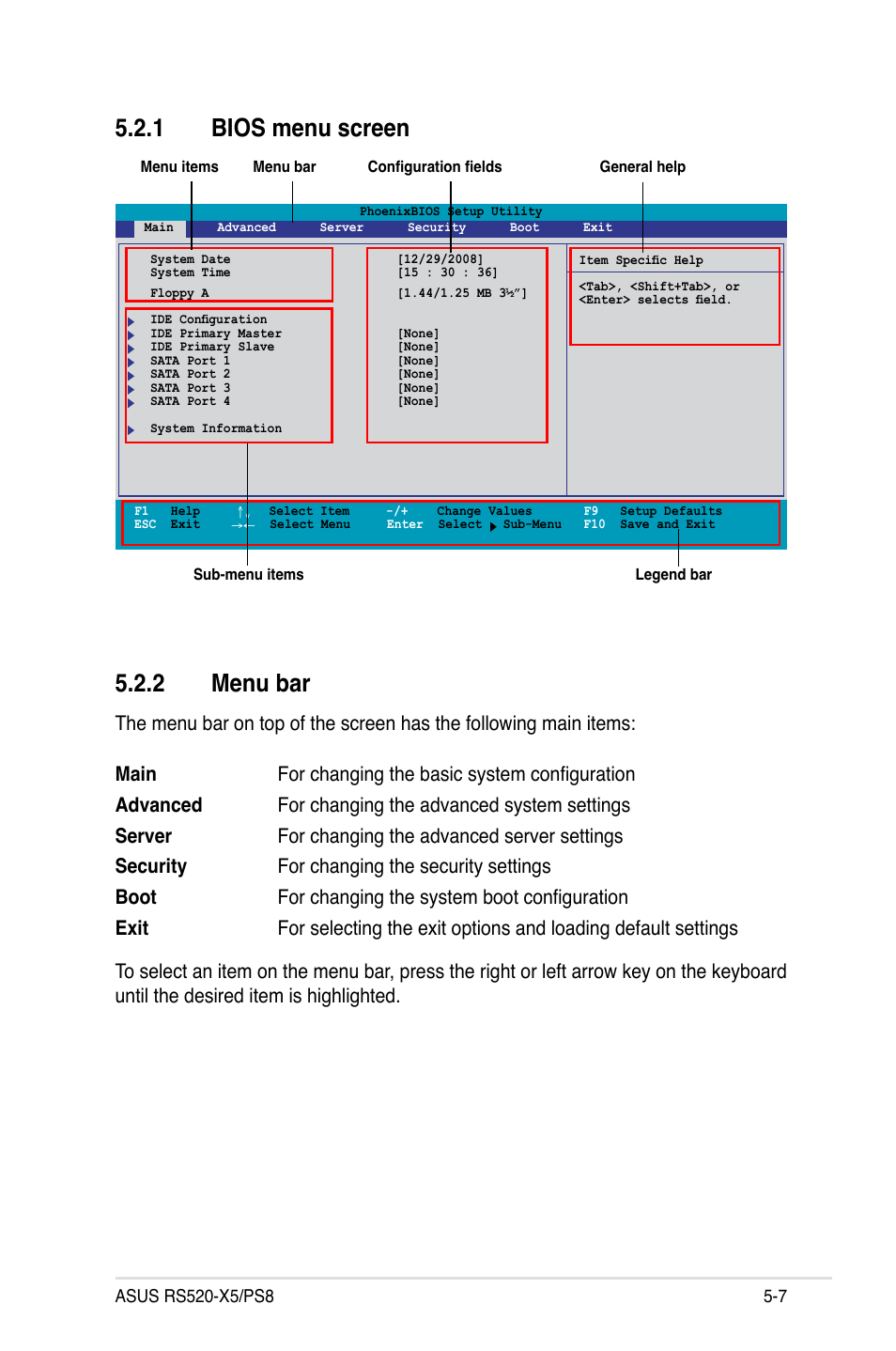 1 bios menu screen, 2 menu bar | Asus RS520-X5/PS8 User Manual | Page 65 / 150