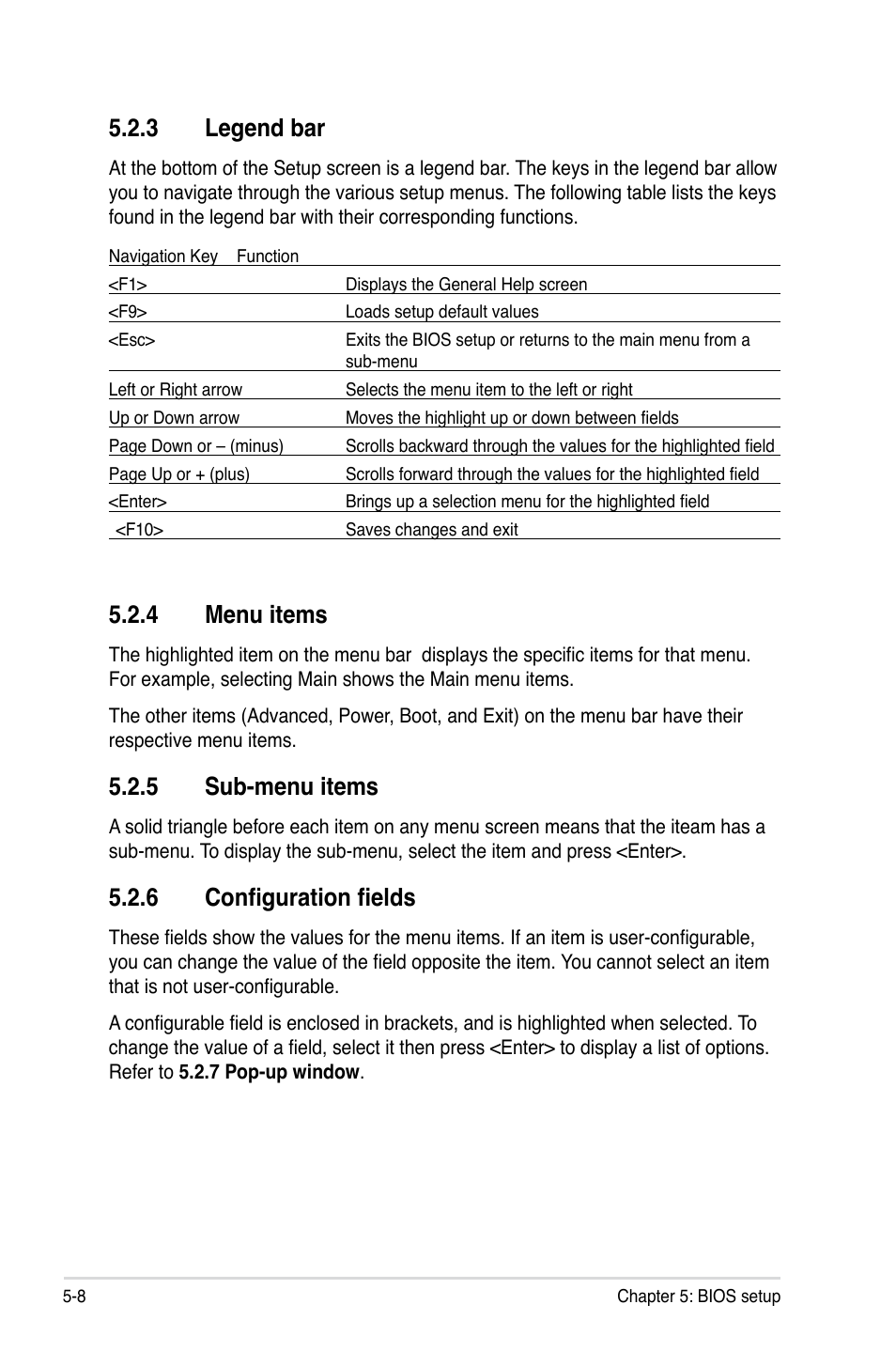 4 menu items, 5 sub-menu items, 6 configuration fields | 3 legend bar | Asus RS520-X5/PS8 User Manual | Page 66 / 150