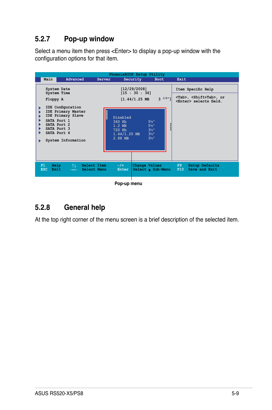 7 pop-up window, 8 general help | Asus RS520-X5/PS8 User Manual | Page 67 / 150