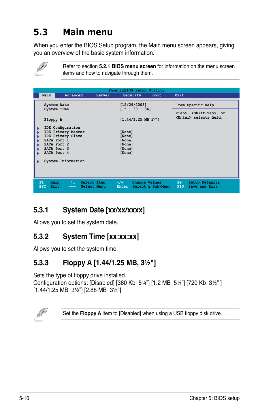 3 main menu, 2 system time [xx:xx:xx, Allows you to set the system date | Allows you to set the system time | Asus RS520-X5/PS8 User Manual | Page 68 / 150