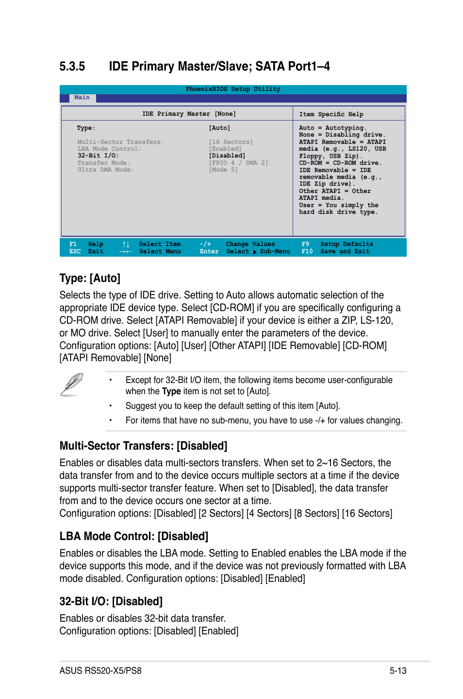 5 ide primary master/slave; sata port1–4, Type: [auto, Multi-sector transfers: [disabled | Lba mode control: [disabled, Bit i/o: [disabled | Asus RS520-X5/PS8 User Manual | Page 71 / 150