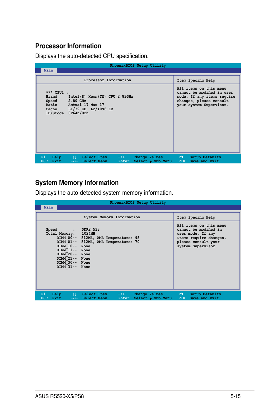 Processor information, Displays the auto-detected cpu specification | Asus RS520-X5/PS8 User Manual | Page 73 / 150