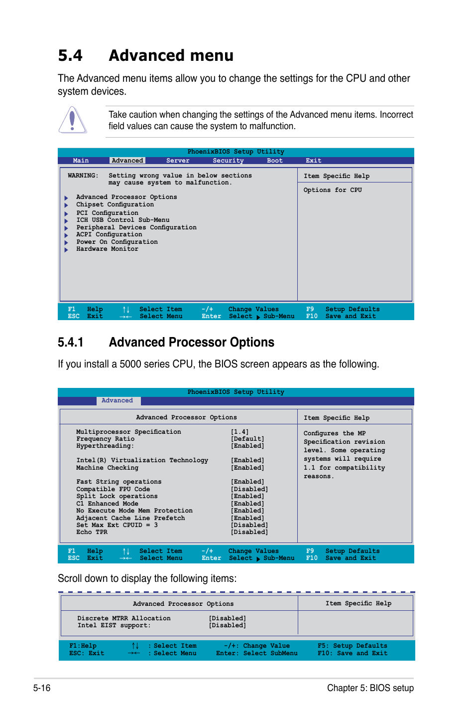 4 advanced menu, 1 advanced processor options, Scroll down to display the following items | 16 chapter 5: bios setup | Asus RS520-X5/PS8 User Manual | Page 74 / 150