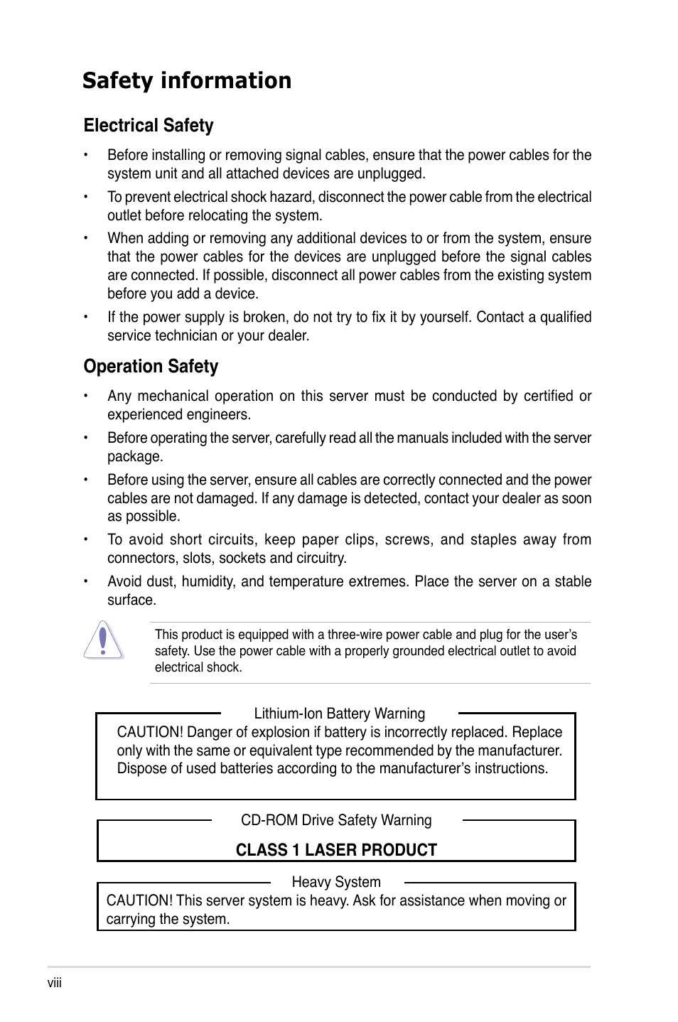 Safety information, Electrical safety, Operation safety | Asus RS520-X5/PS8 User Manual | Page 8 / 150