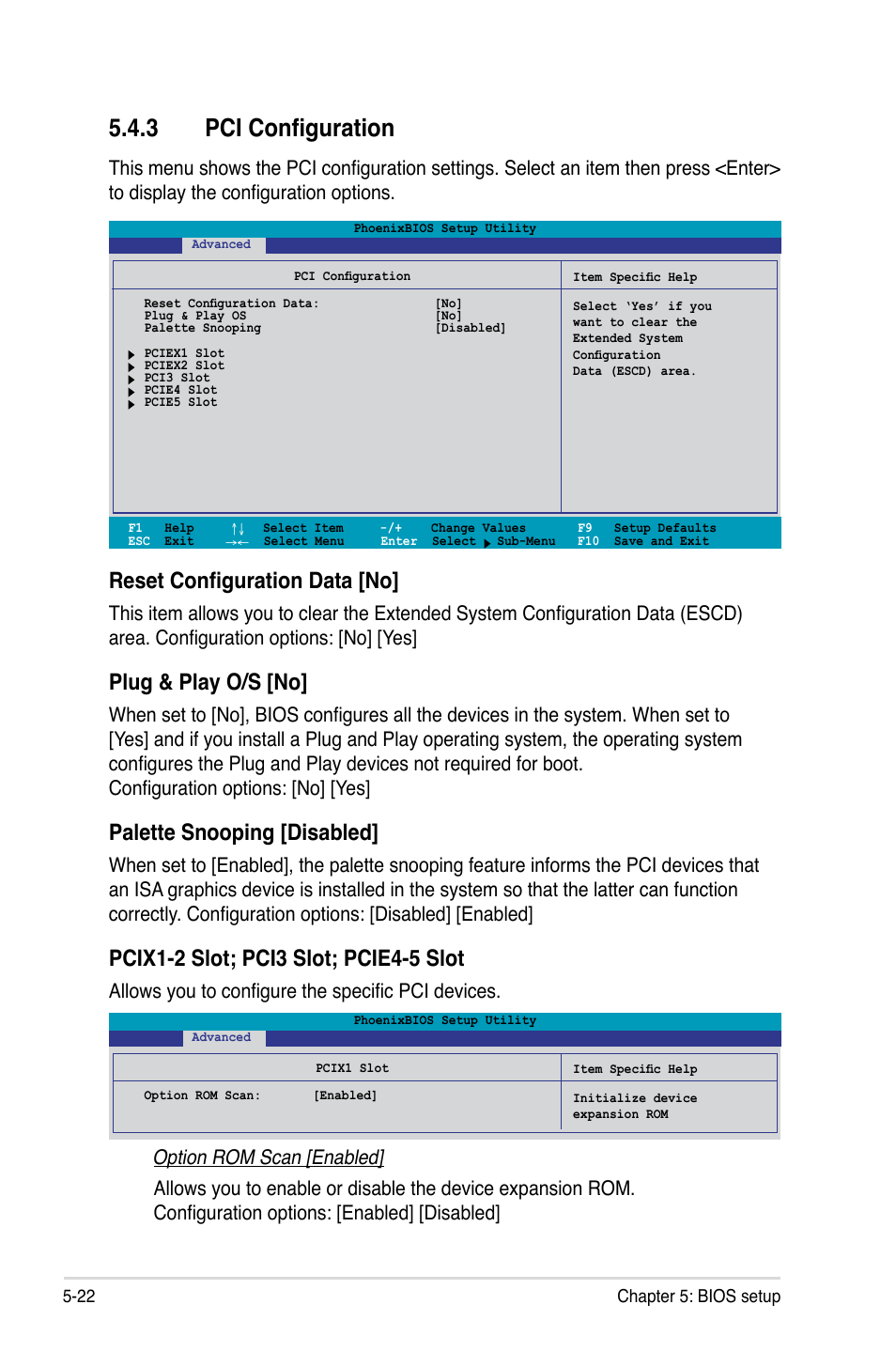 3 pci configuration, Reset configuration data [no, Plug & play o/s [no | Palette snooping [disabled, Allows you to configure the specific pci devices | Asus RS520-X5/PS8 User Manual | Page 80 / 150