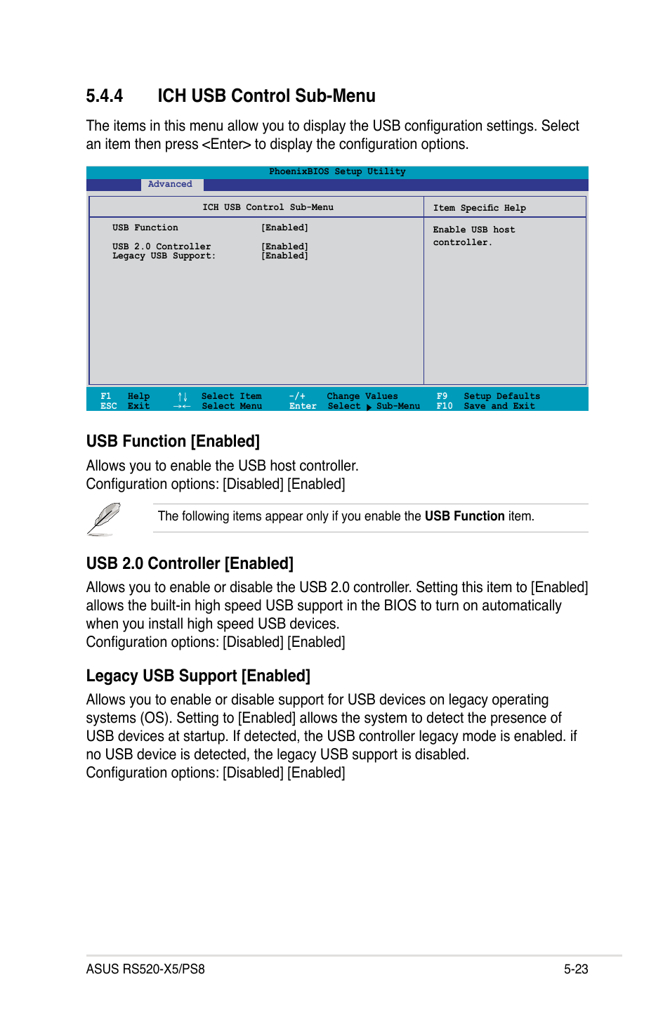 4 ich usb control sub-menu, Usb function [enabled, Usb 2.0 controller [enabled | Legacy usb support [enabled | Asus RS520-X5/PS8 User Manual | Page 81 / 150