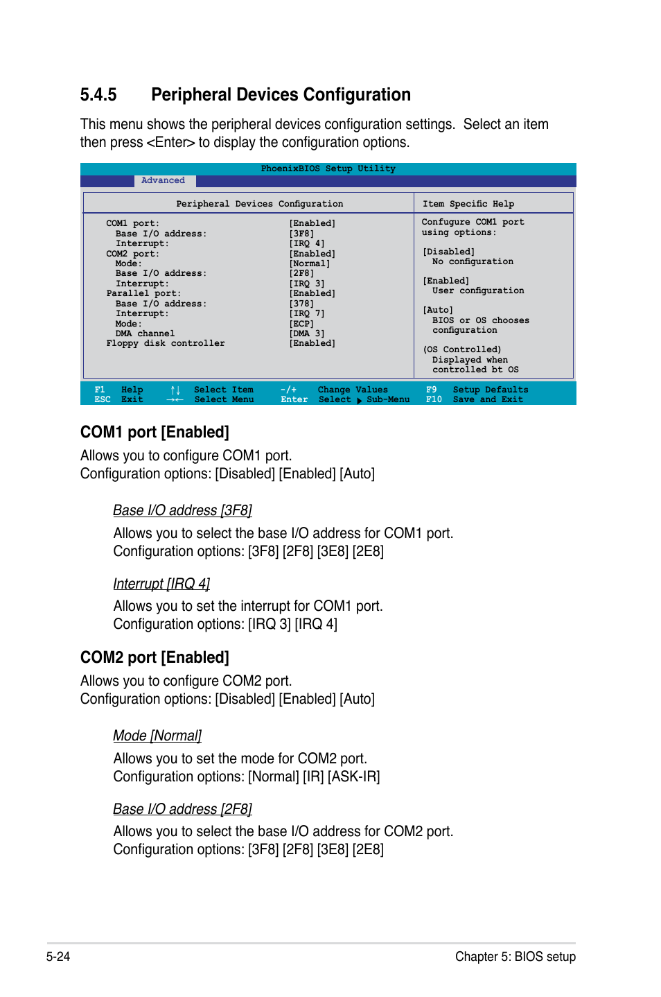 5 peripheral devices configuration, Com1 port [enabled, Com2 port [enabled | Asus RS520-X5/PS8 User Manual | Page 82 / 150