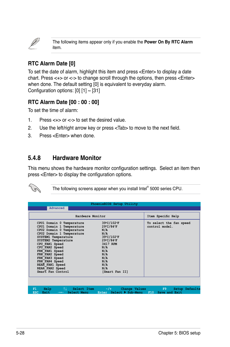 8 hardware monitor, Rtc alarm date [0, 5000 series cpu | Asus RS520-X5/PS8 User Manual | Page 86 / 150