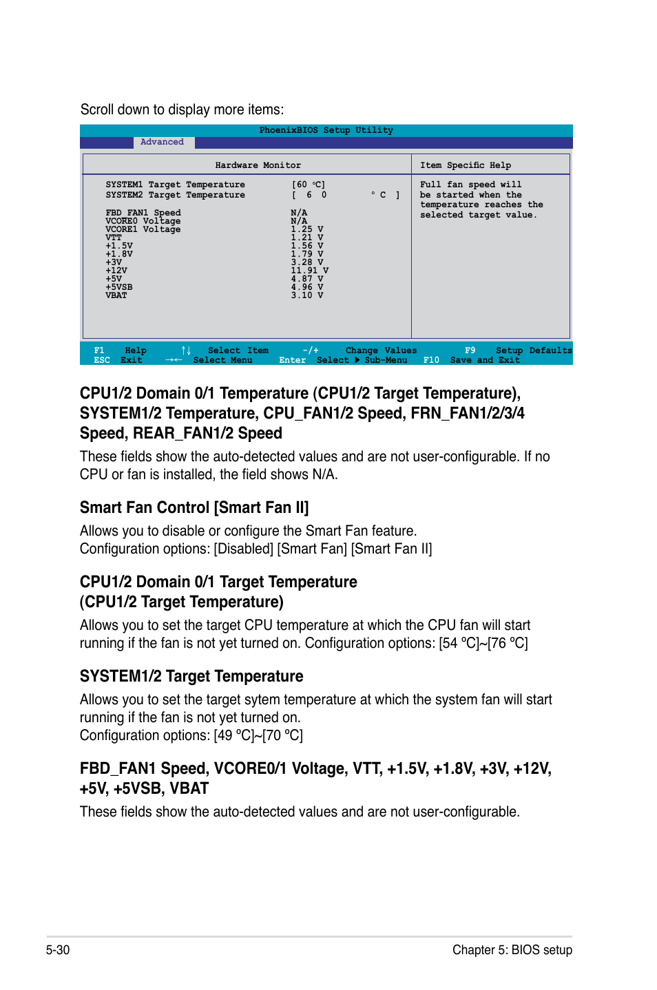 Smart fan control [smart fan ii, System1/2 target temperature, Scroll down to display more items | Asus RS520-X5/PS8 User Manual | Page 88 / 150