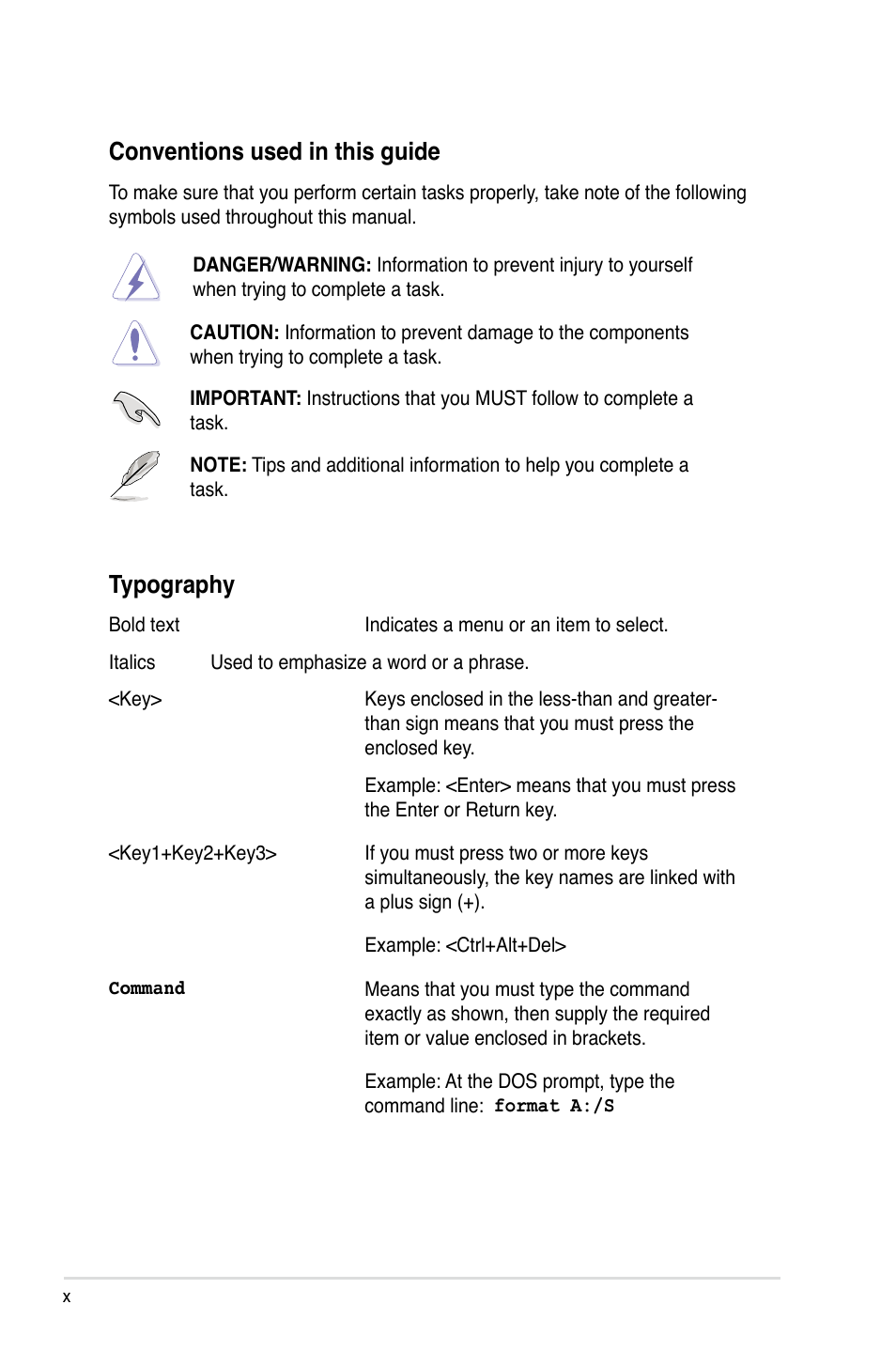 Conventions used in this guide, Typography | Asus Z9PH-D16 User Manual | Page 10 / 184