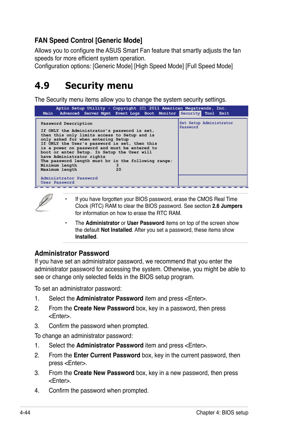 9 security menu, Security menu -44, Administrator password | Fan speed control [generic mode | Asus Z9PH-D16 User Manual | Page 102 / 184