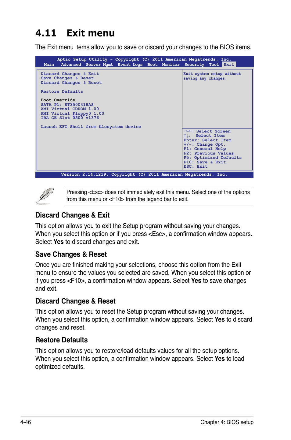 11 exit menu, 11 exit menu -46, Discard changes & exit | Save changes & reset, Discard changes & reset, Restore defaults | Asus Z9PH-D16 User Manual | Page 104 / 184