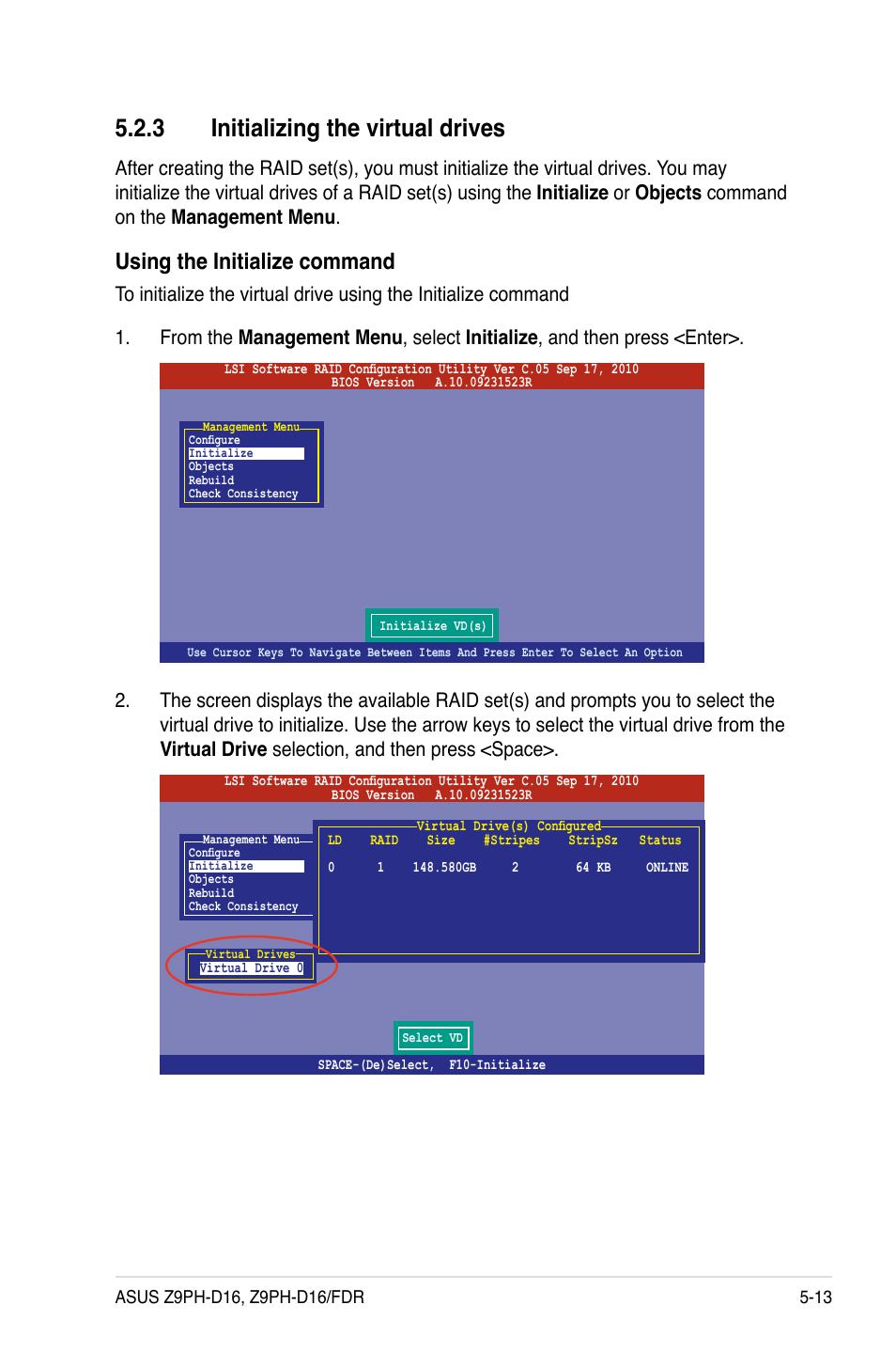 3 initializing the virtual drives, Initializing the virtual drives -13, Using the initialize command | Asus Z9PH-D16 User Manual | Page 119 / 184