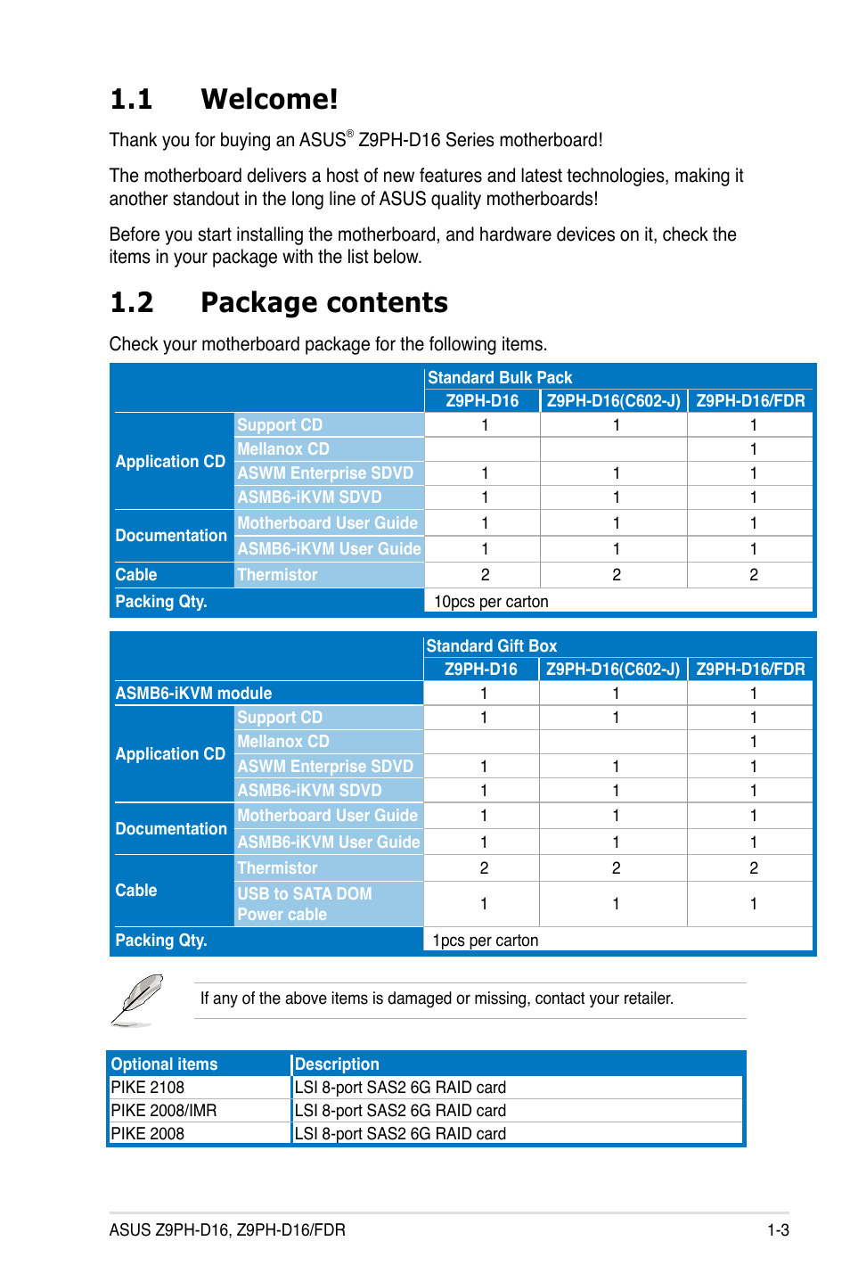 1 welcome, 2 package contents, Welcome! -3 | Package contents -3 | Asus Z9PH-D16 User Manual | Page 15 / 184