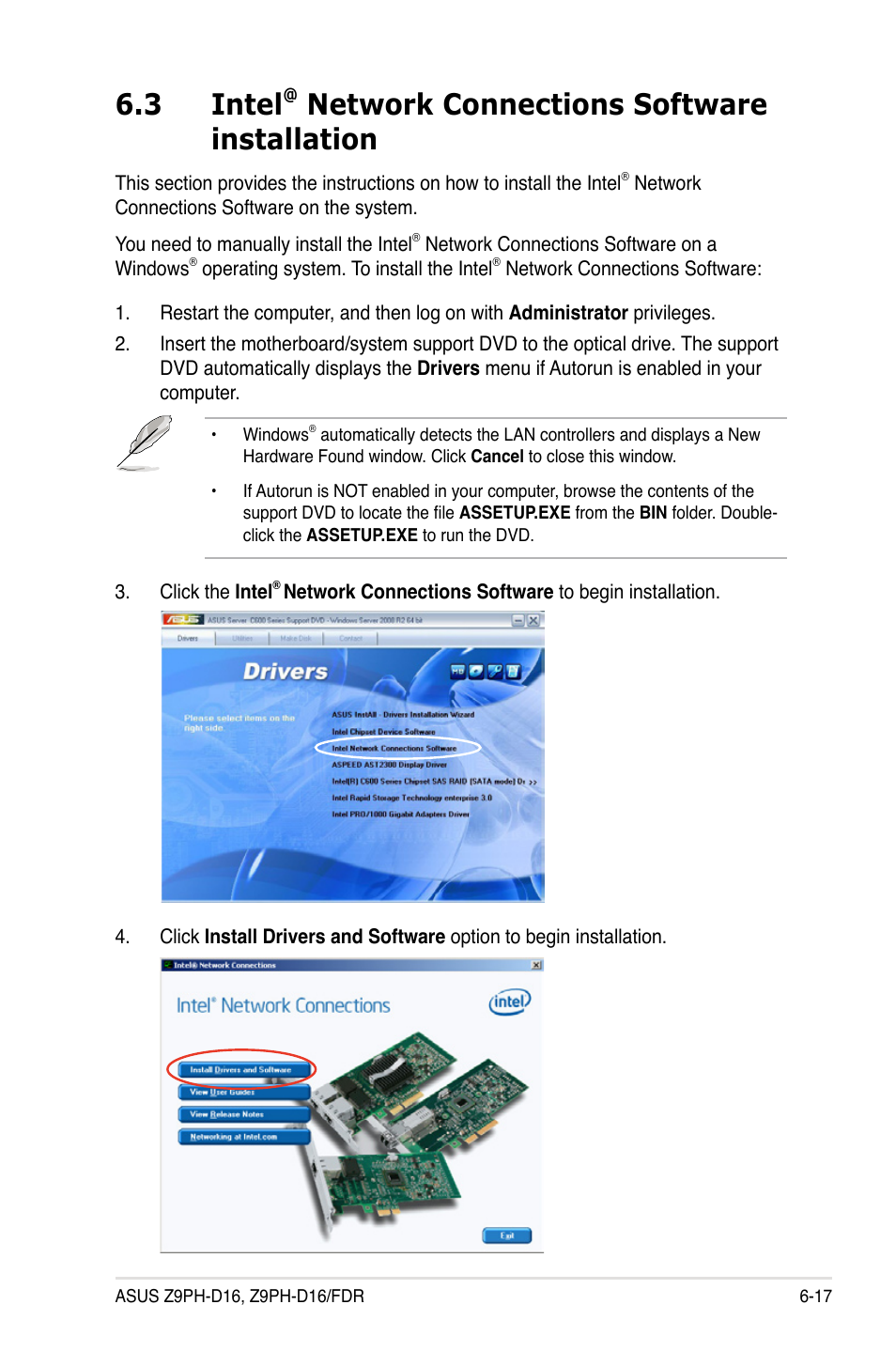 Intel, Network connections software installation -17, 3 intel | Network connections software installation | Asus Z9PH-D16 User Manual | Page 163 / 184