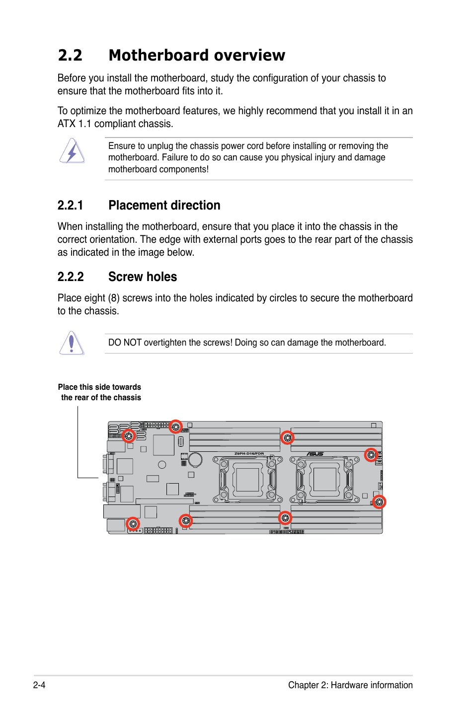 2 motherboard overview, 1 placement direction, 2 screw holes | Motherboard overview -4, Placement direction -4, Screw holes -4 | Asus Z9PH-D16 User Manual | Page 22 / 184