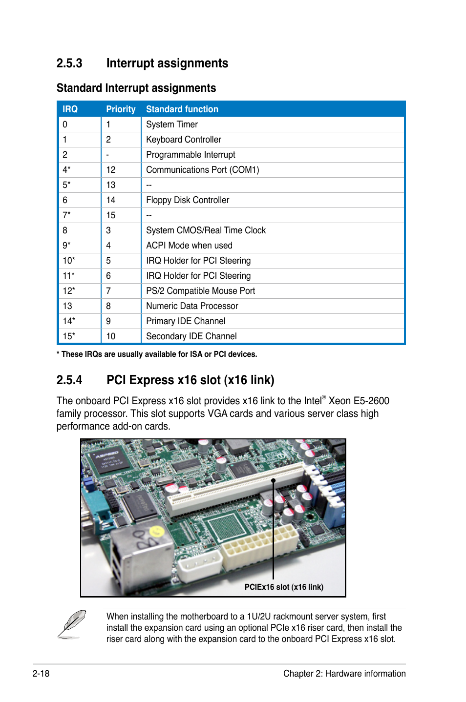 3 interrupt assignments, 4 pci express x16 slot (x16 link), Interrupt assignments -18 | Pci express x16 slot (x16 link) -18, Standard interrupt assignments | Asus Z9PH-D16 User Manual | Page 36 / 184