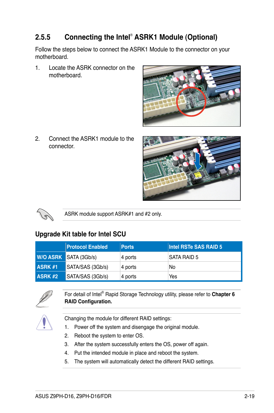 5 connecting the intel® asrk1 module (optional), Connecting the intel, Asrk1 module (optional) -19 | 5 connecting the intel, Asrk1 module (optional), Upgrade kit table for intel scu | Asus Z9PH-D16 User Manual | Page 37 / 184