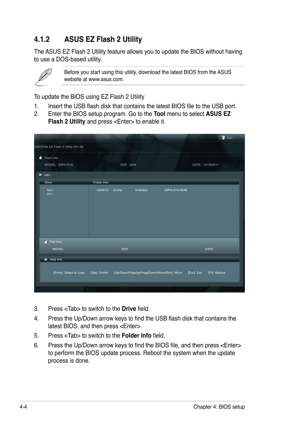 2 asus ez flash 2 utility, Asus ez flash 2 utility -4, 4 chapter 4: bios setup | Asus Z9PH-D16 User Manual | Page 62 / 184