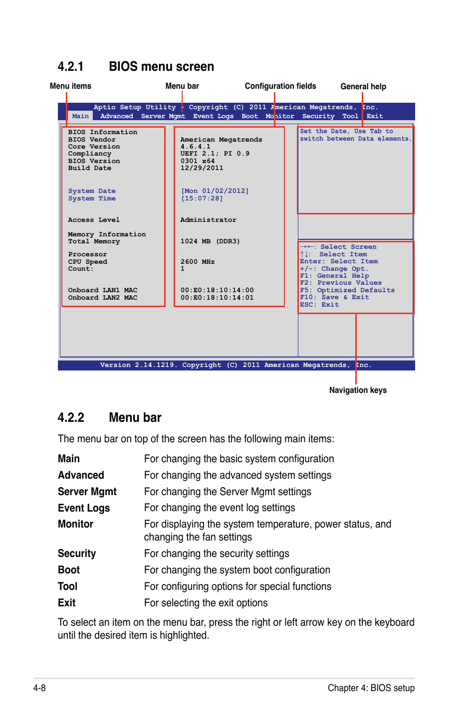 1 bios menu screen, 2 menu bar, Bios menu screen -8 | Menu bar -8 | Asus Z9PH-D16 User Manual | Page 66 / 184