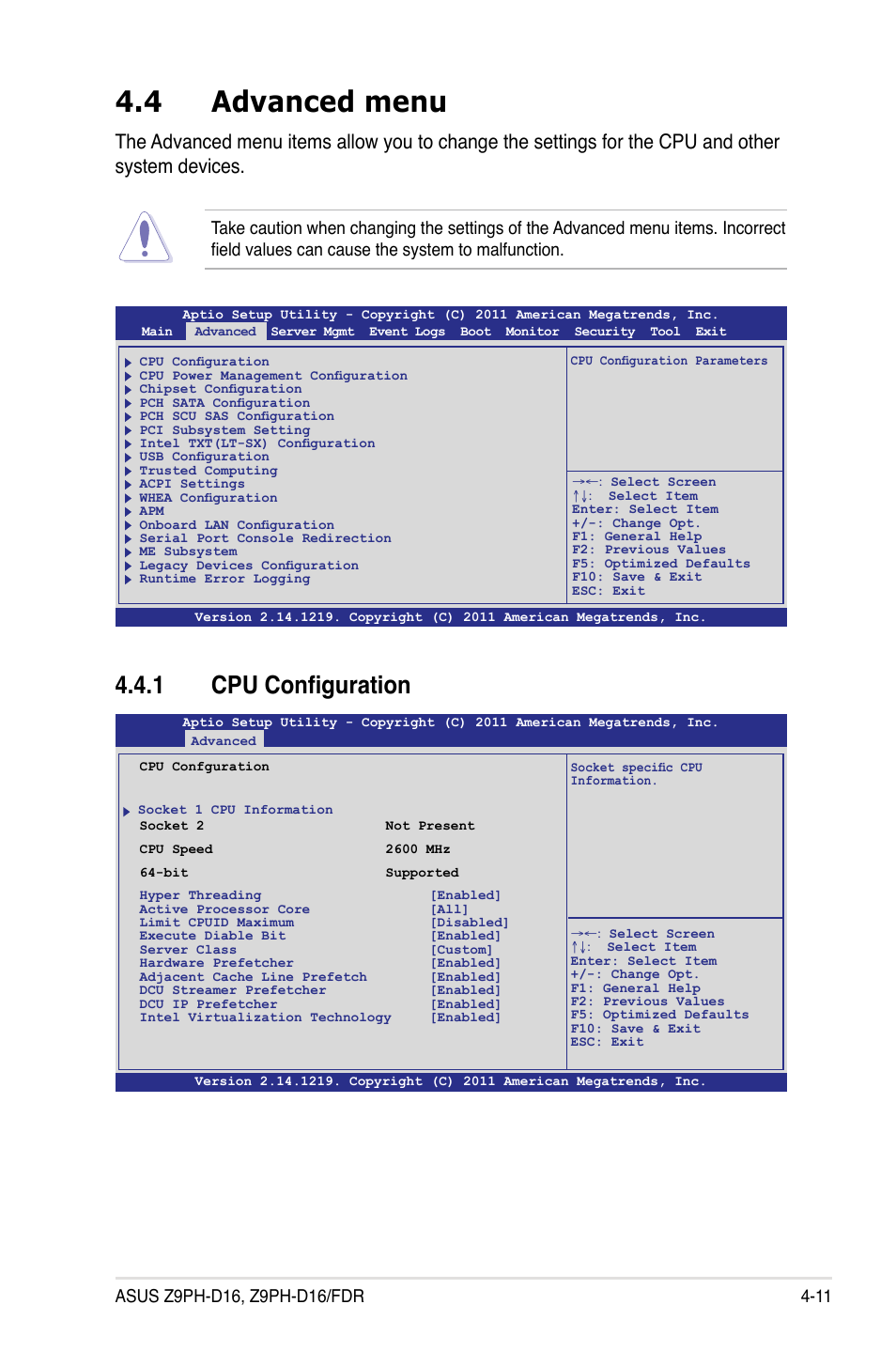 4 advanced menu, 1 cpu configuration, Advanced menu -11 | Cpu configuration -11 | Asus Z9PH-D16 User Manual | Page 69 / 184