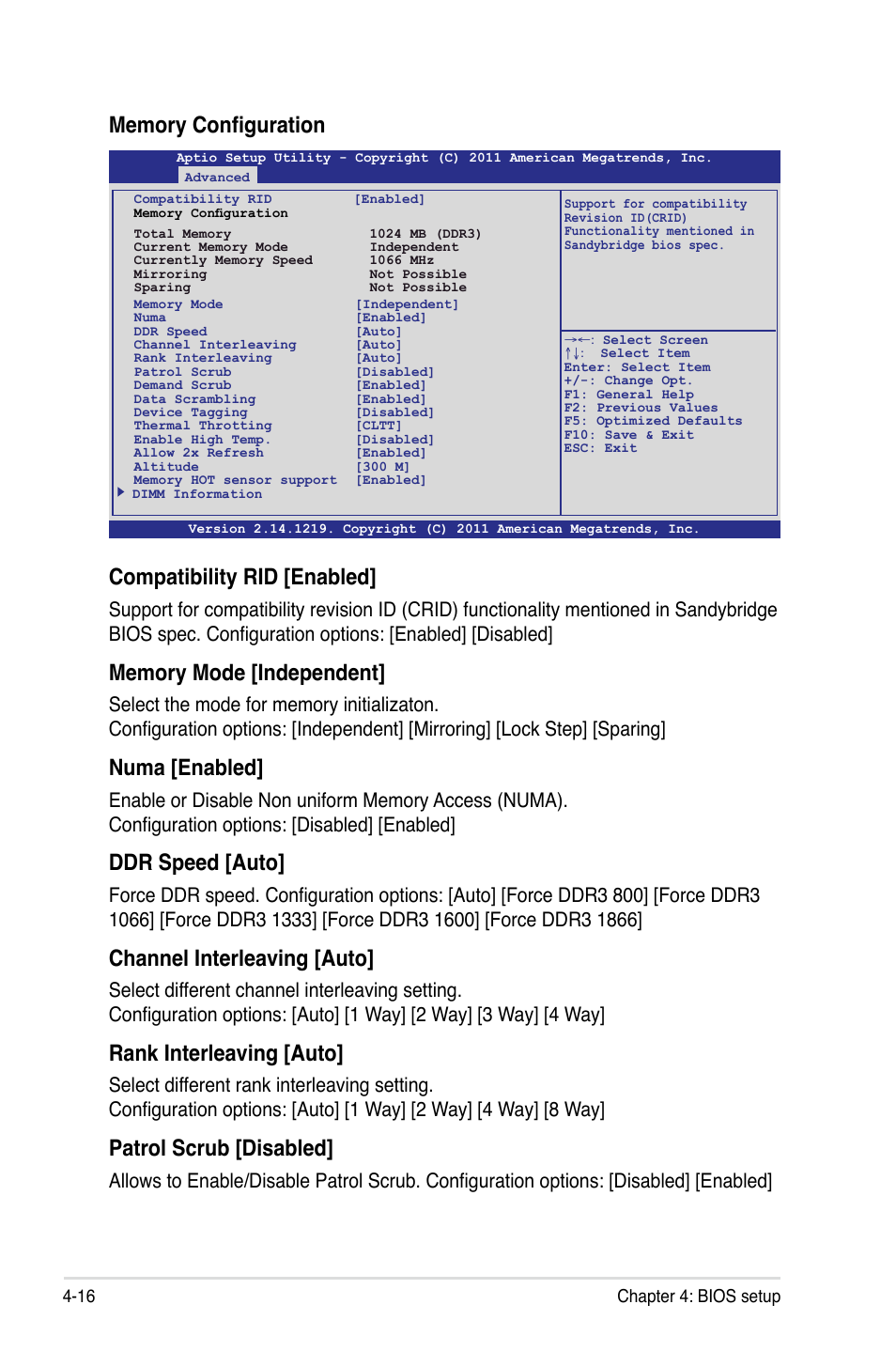 Compatibility rid [enabled, Numa [enabled, Ddr speed [auto | Channel interleaving [auto, Rank interleaving [auto, Patrol scrub [disabled | Asus Z9PH-D16 User Manual | Page 74 / 184