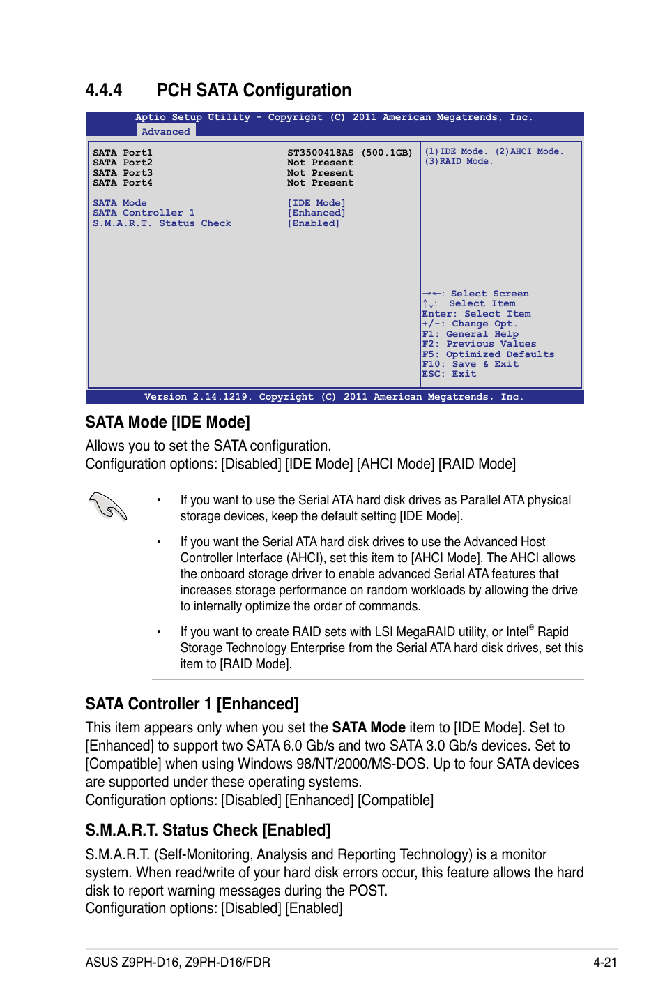 4 pch sata configuration, Pch sata configuration -21, Sata mode [ide mode | Sata controller 1 [enhanced, S.m.a.r.t. status check [enabled | Asus Z9PH-D16 User Manual | Page 79 / 184