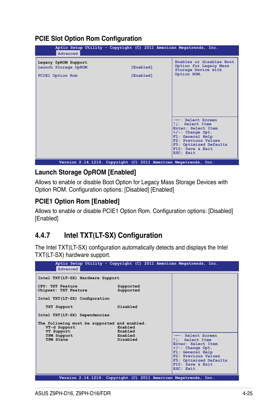 7 intel txt(lt-sx) configuration, Intel txt(lt-sx) configuration -25, Pcie slot option rom configuration | Launch storage oprom [enabled, Pcie1 option rom [enabled | Asus Z9PH-D16 User Manual | Page 83 / 184