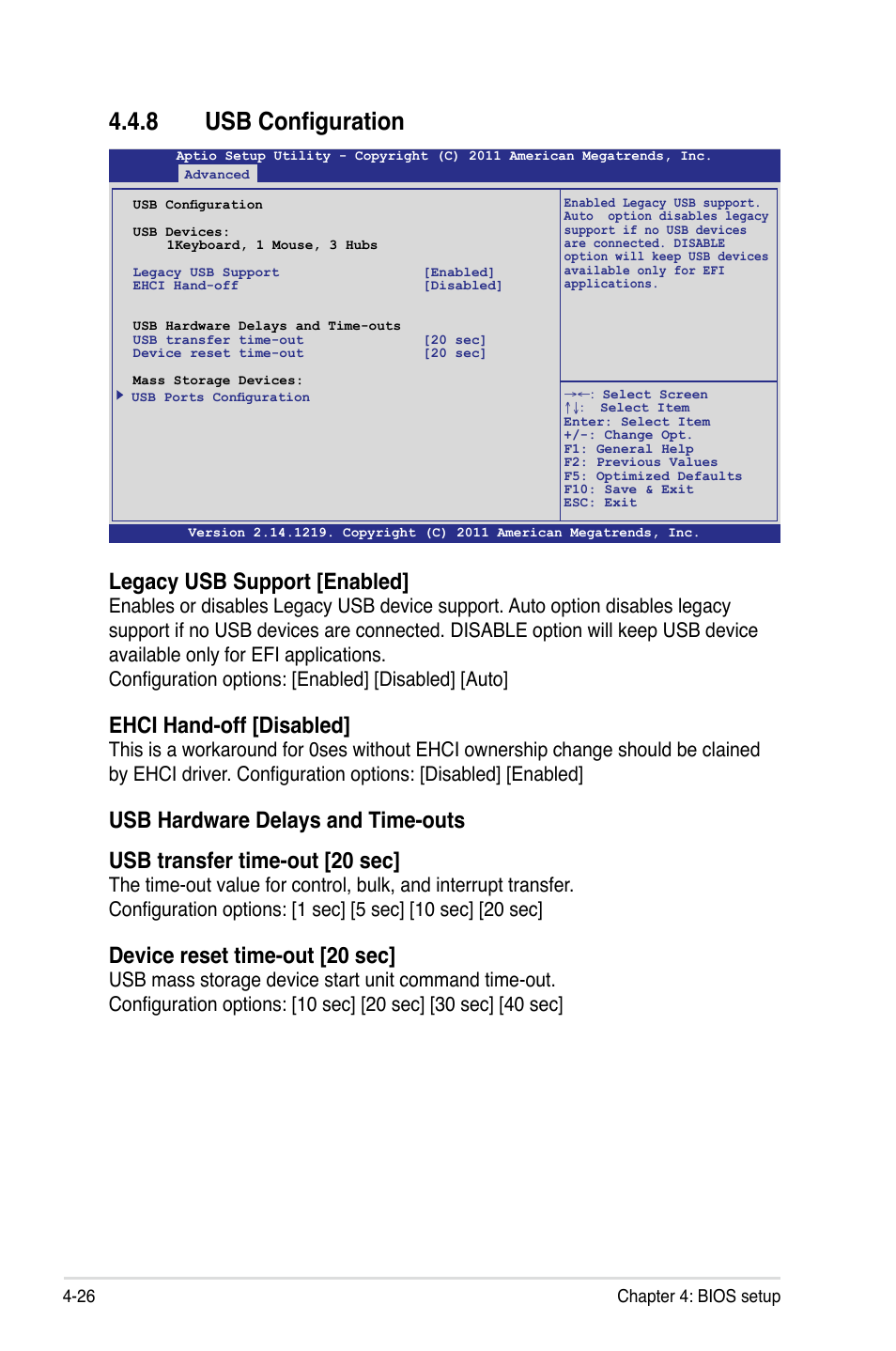 8 usb configuration, Usb configuration -26, Legacy usb support [enabled | Ehci hand-off [disabled, Device reset time-out [20 sec | Asus Z9PH-D16 User Manual | Page 84 / 184