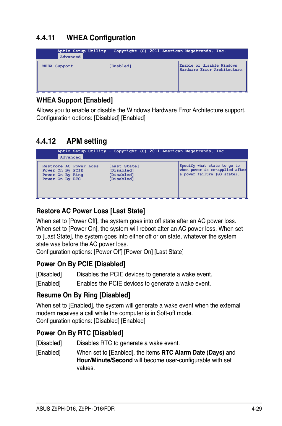 11 whea configuration, 12 apm setting, 11 whea configuration -29 | 12 apm setting -29, Whea support [enabled, Restore ac power loss [last state, Power on by pcie [disabled, Resume on by ring [disabled, Power on by rtc [disabled | Asus Z9PH-D16 User Manual | Page 87 / 184