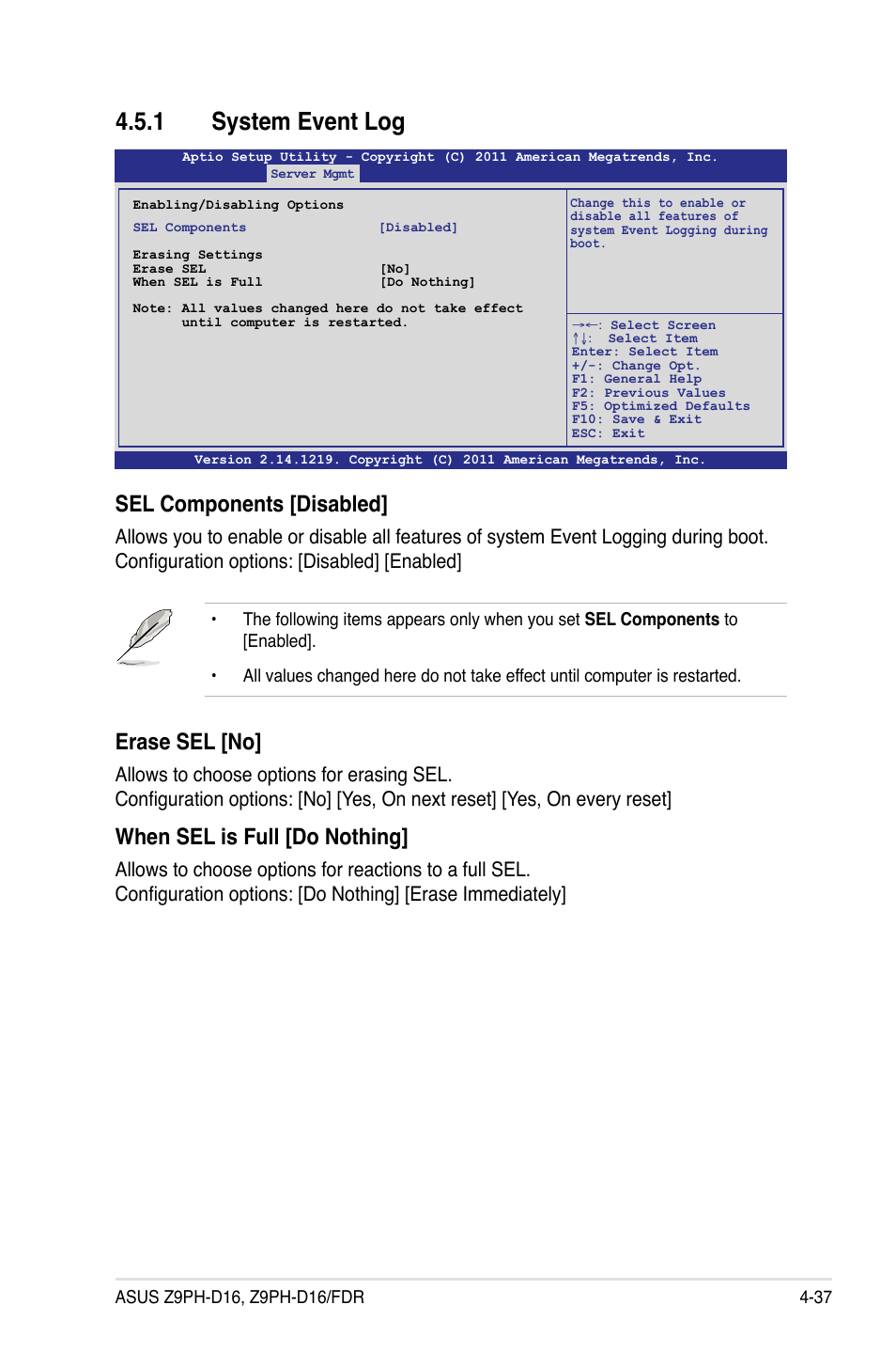 1 system event log, System event log -37, Sel components [disabled | Erase sel [no, When sel is full [do nothing | Asus Z9PH-D16 User Manual | Page 95 / 184