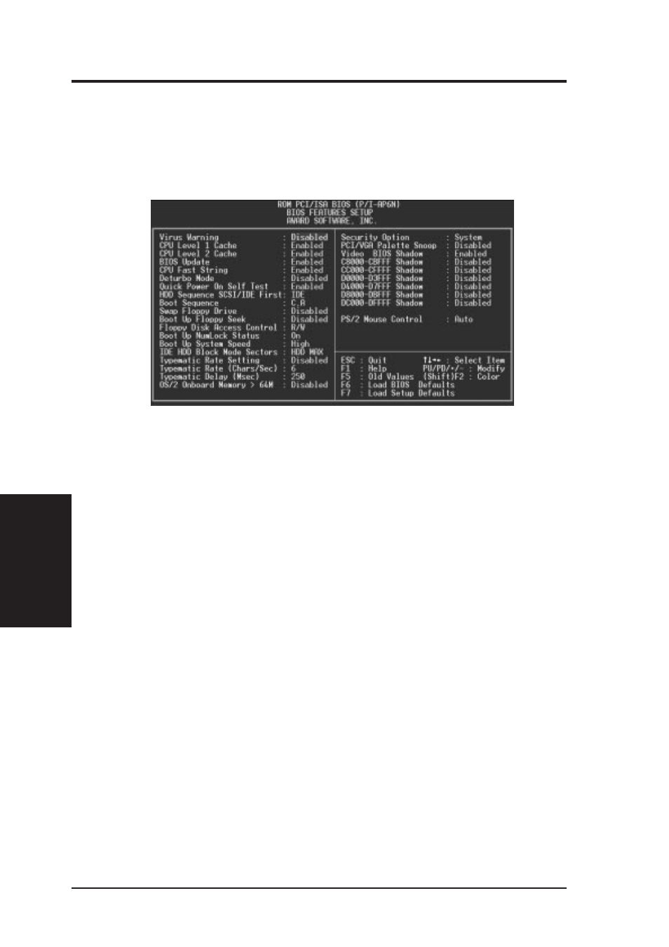 Iv. bios software, Bios features setup | Asus P/I-AP6N User Manual | Page 40 / 96