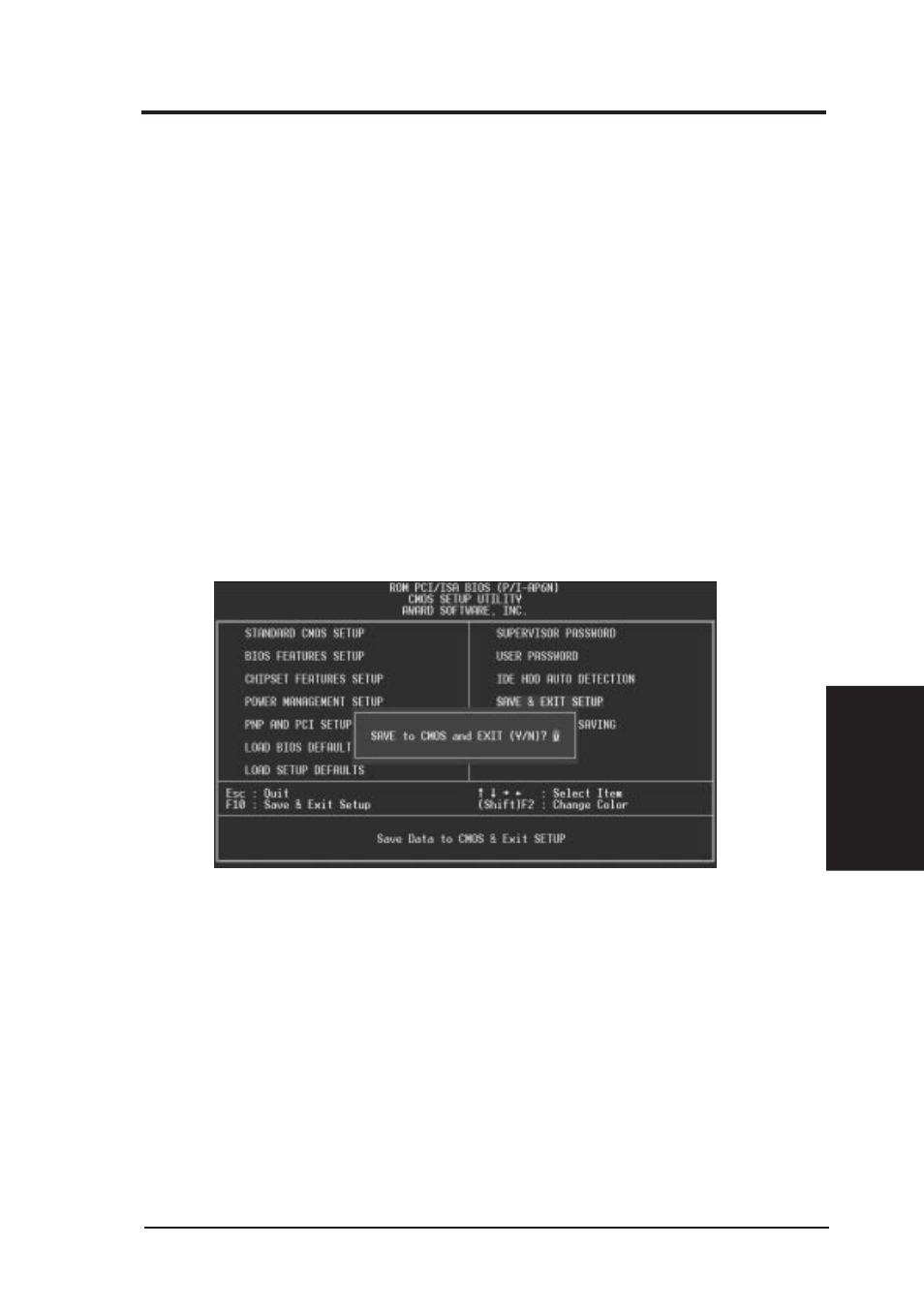 Iv. bios software, Save and exit setup, Exit without saving | Asus P/I-AP6N User Manual | Page 53 / 96