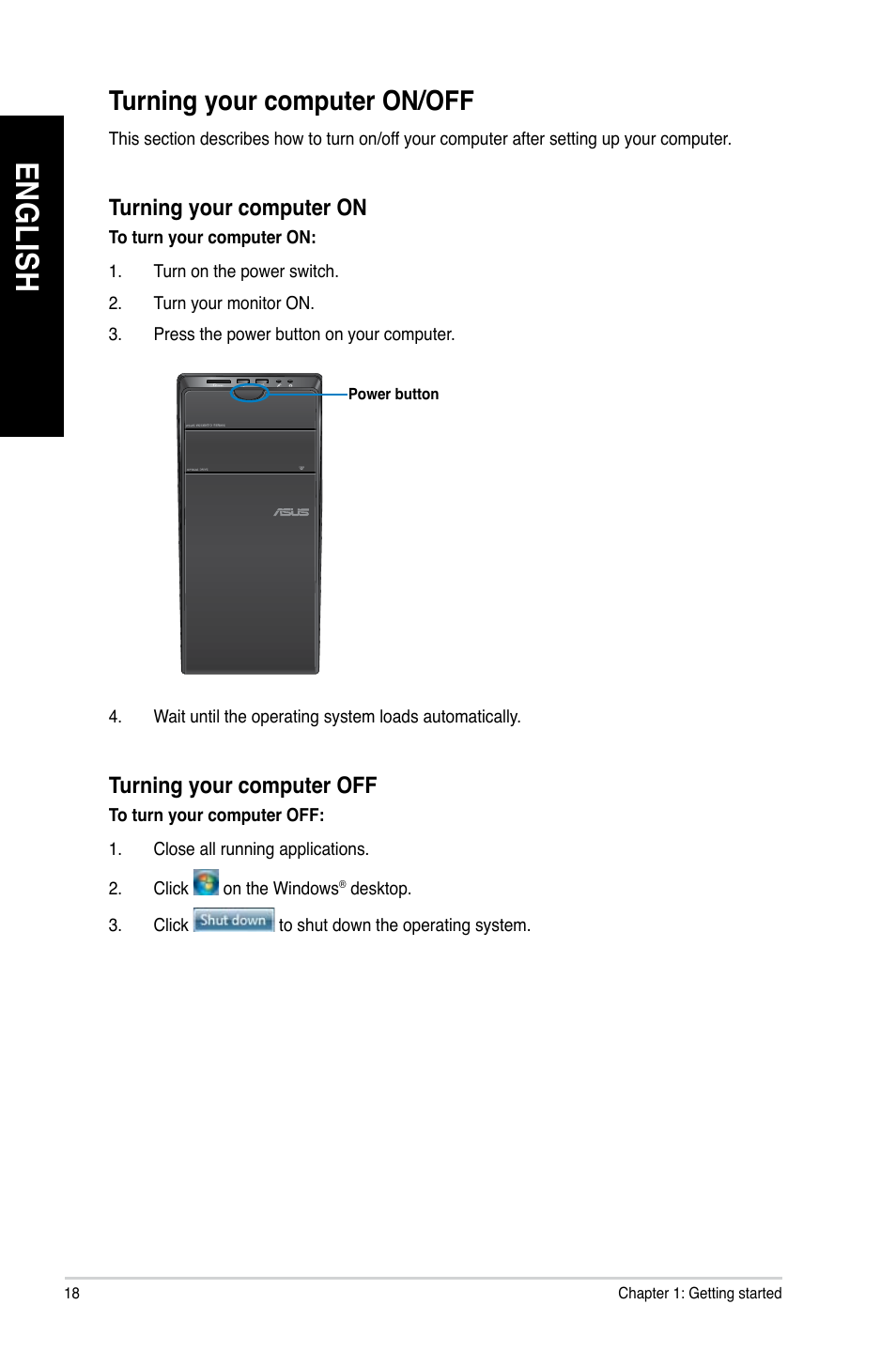 Turning your computer on/off, En g lis h en g li sh | Asus CM6730 User Manual | Page 18 / 66