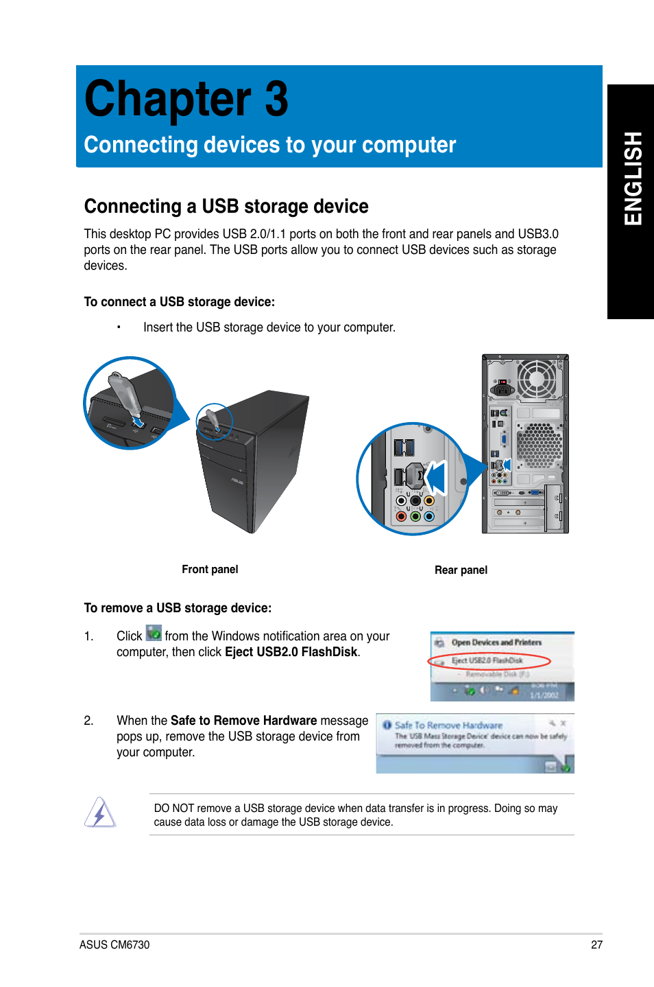 Chapter 3: connecting devices to your computer, Connecting a usb storage device, Chapter 3 | En g lis h en g li sh, Connecting devices to your computer | Asus CM6730 User Manual | Page 27 / 66