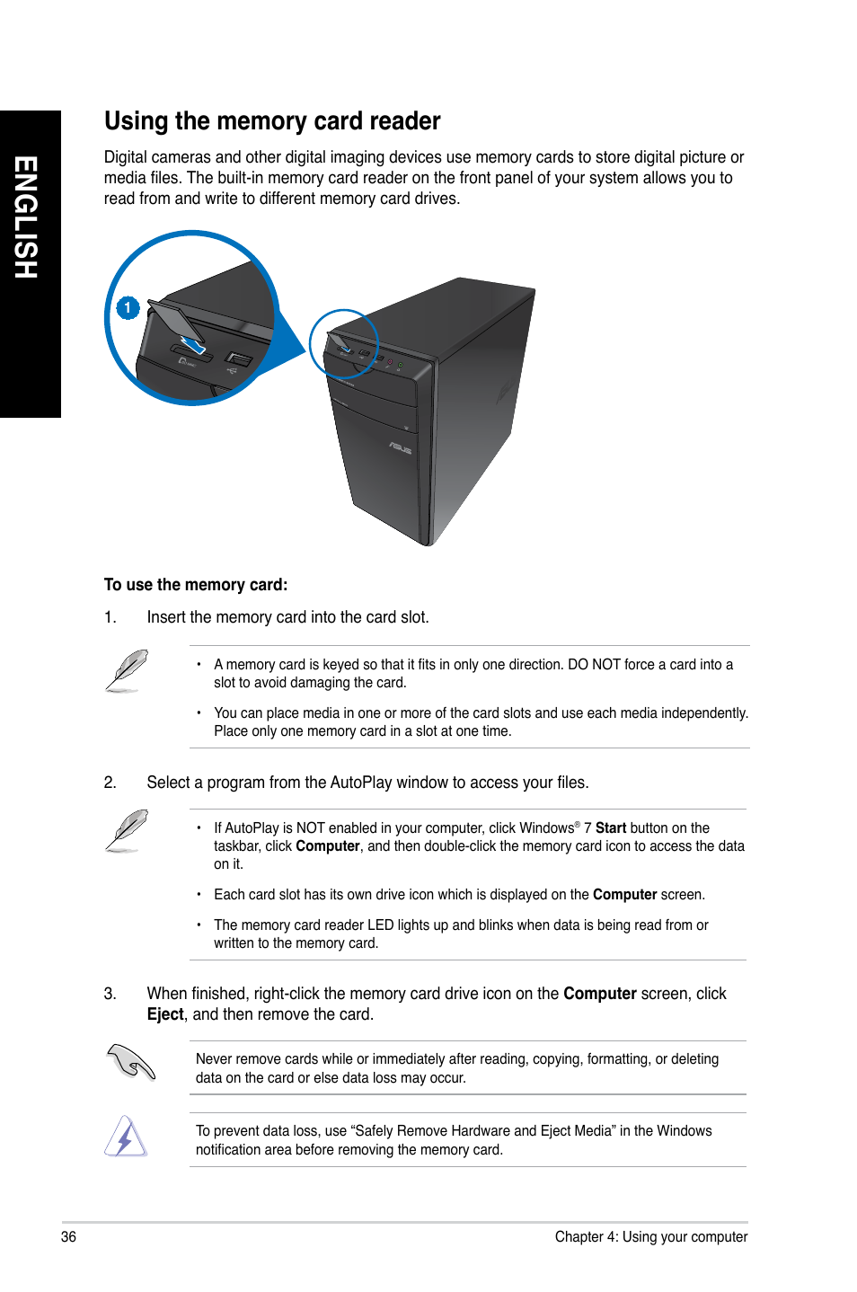 Using the memory card reader, En g lis h en g li sh en g lis h en g li sh | Asus CM6730 User Manual | Page 36 / 66