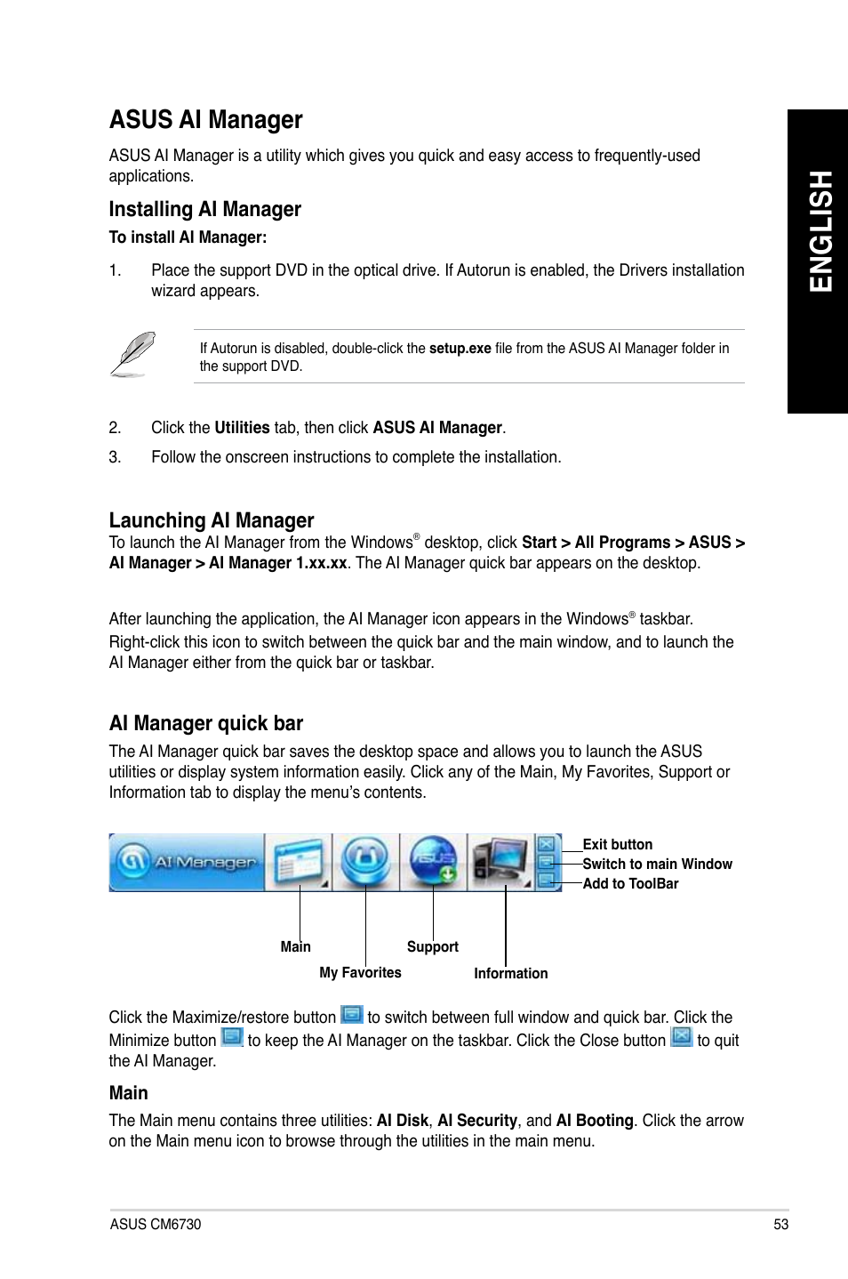 Asus ai manager, En g lis h en g li sh | Asus CM6730 User Manual | Page 53 / 66