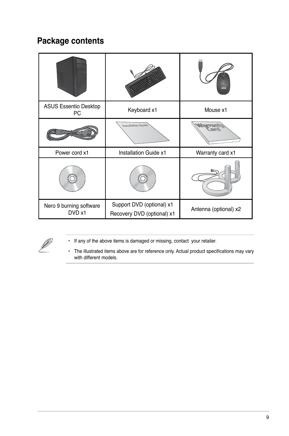 Package contents | Asus CM6730 User Manual | Page 9 / 66