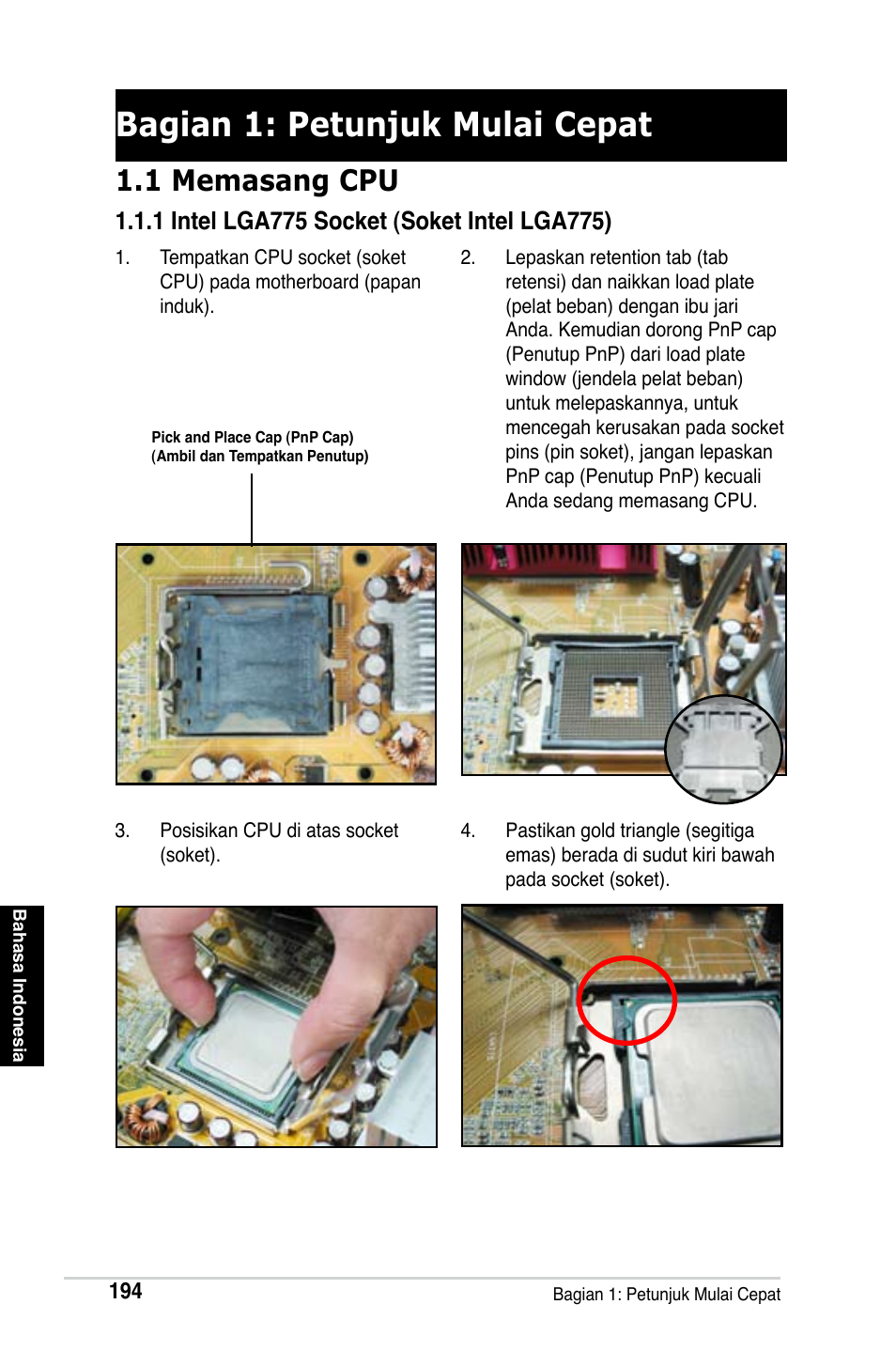 Bagian 1: petunjuk mulai cepat, 1 memasang cpu | Asus M2Ne User Manual | Page 195 / 691