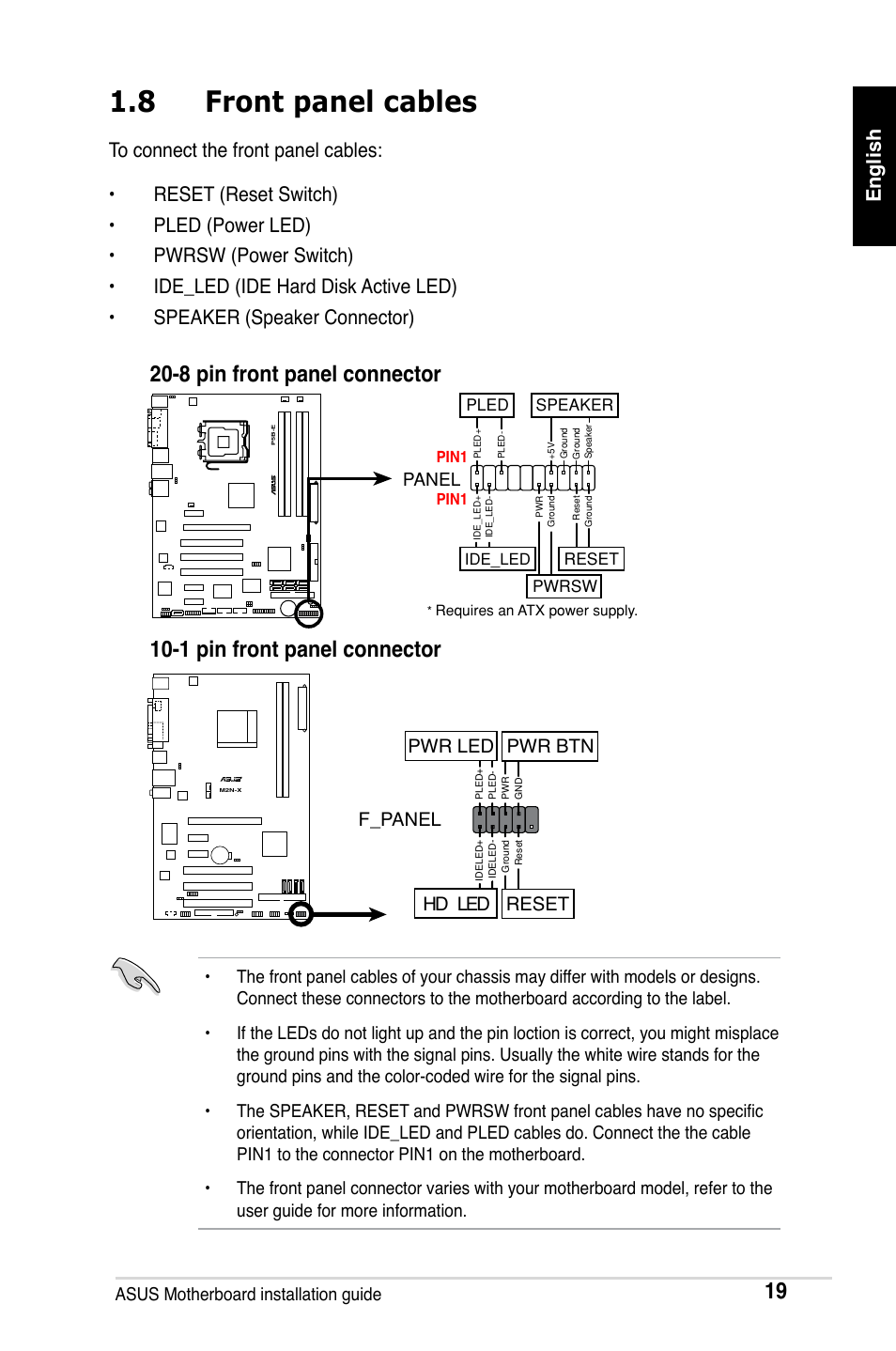 8 front panel cables, F_panel, Hd led reset pwr led pwr btn | Asus M2Ne User Manual | Page 20 / 691