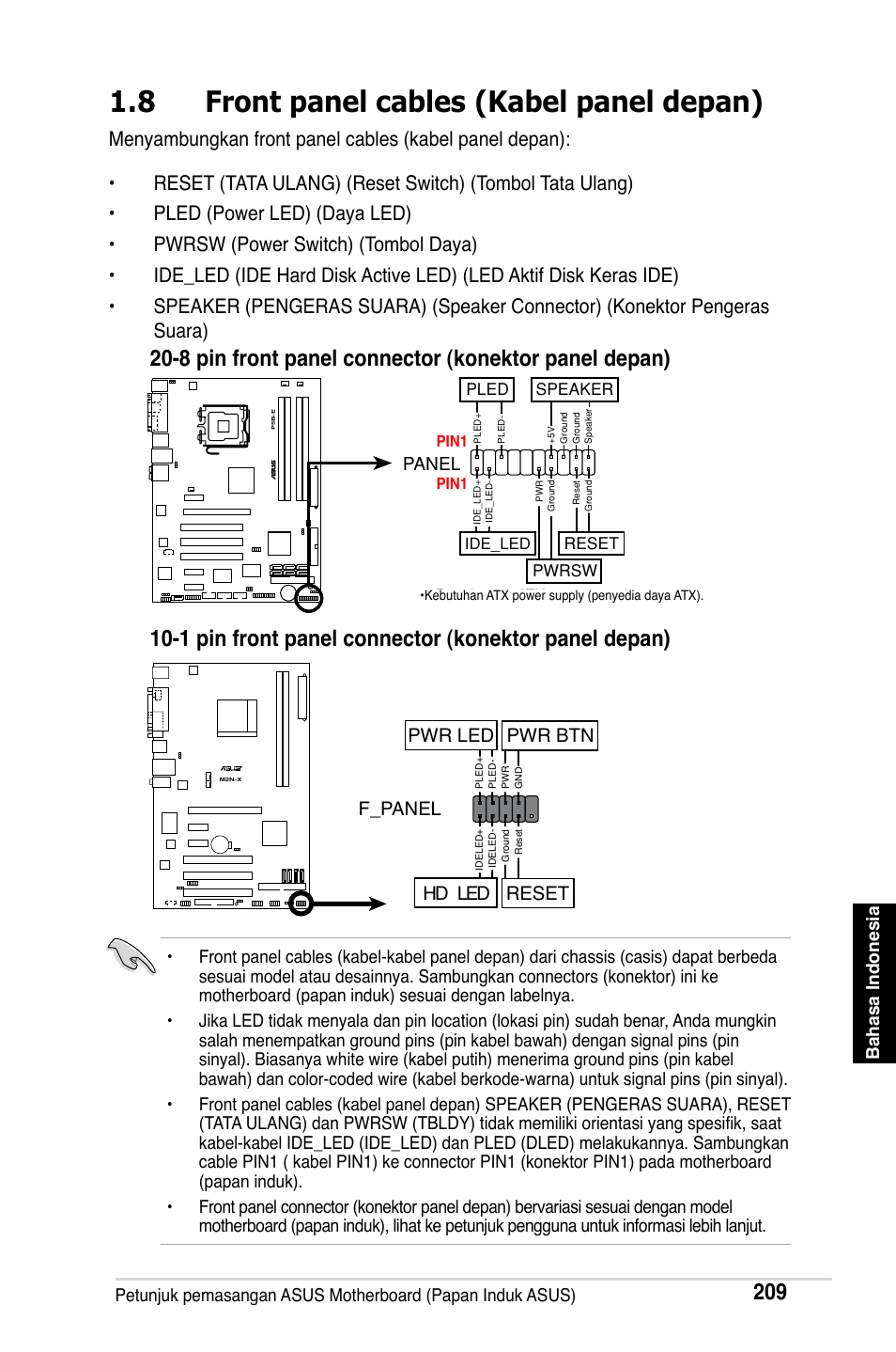 8 front panel cables (kabel panel depan), F_panel, Hd led reset pwr led pwr btn | Asus M2Ne User Manual | Page 210 / 691