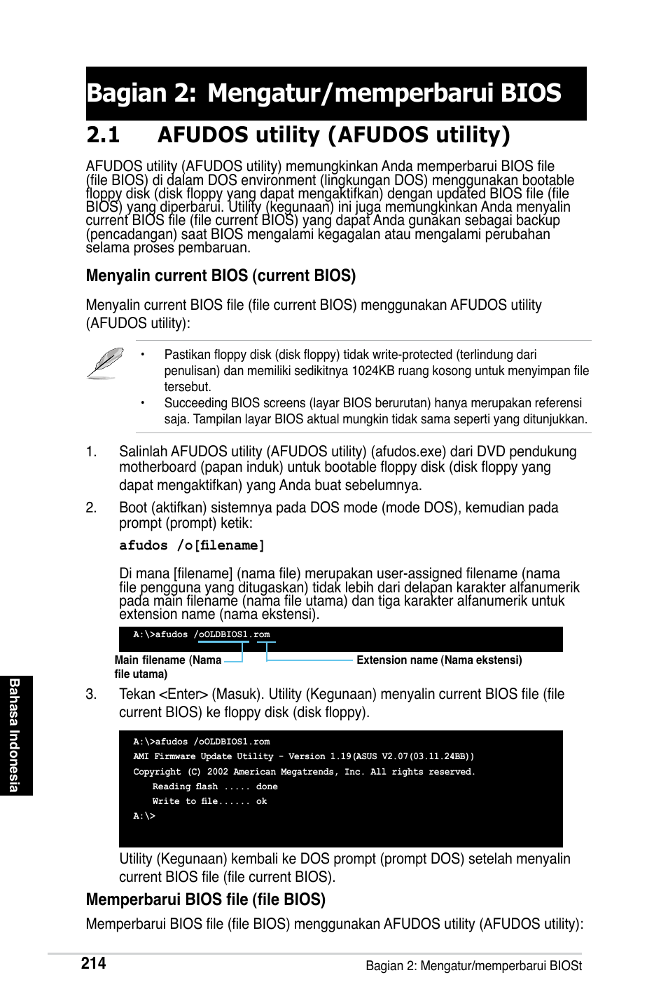 Bagian 2: mengatur/memperbarui bios, 1 afudos utility (afudos utility), Menyalin current bios (current bios) | Memperbarui bios file (file bios) | Asus M2Ne User Manual | Page 215 / 691