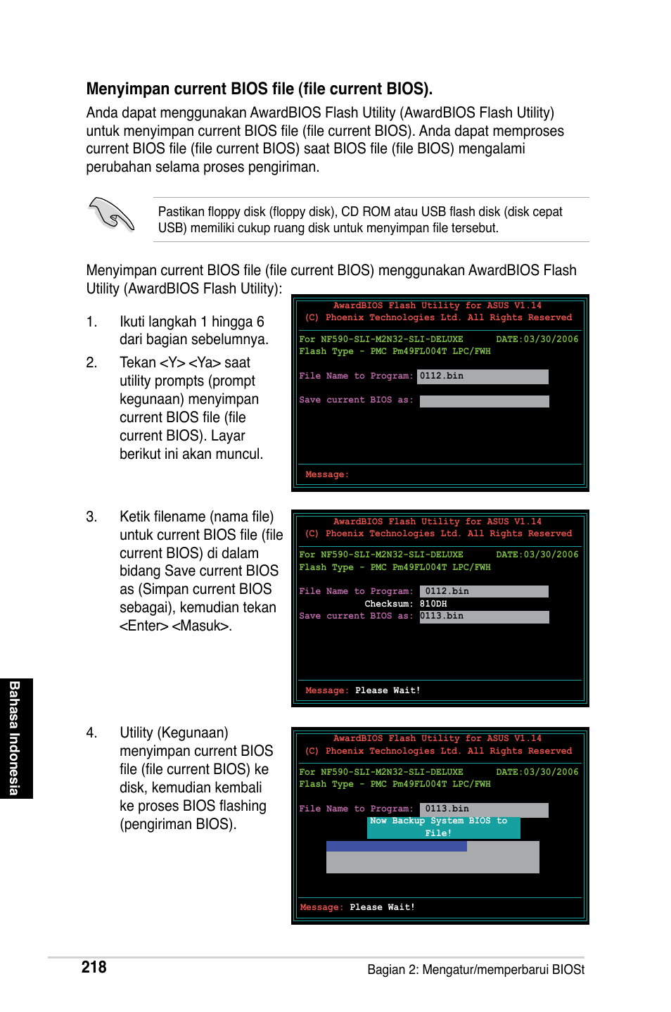 Menyimpan current bios file (file current bios) | Asus M2Ne User Manual | Page 219 / 691