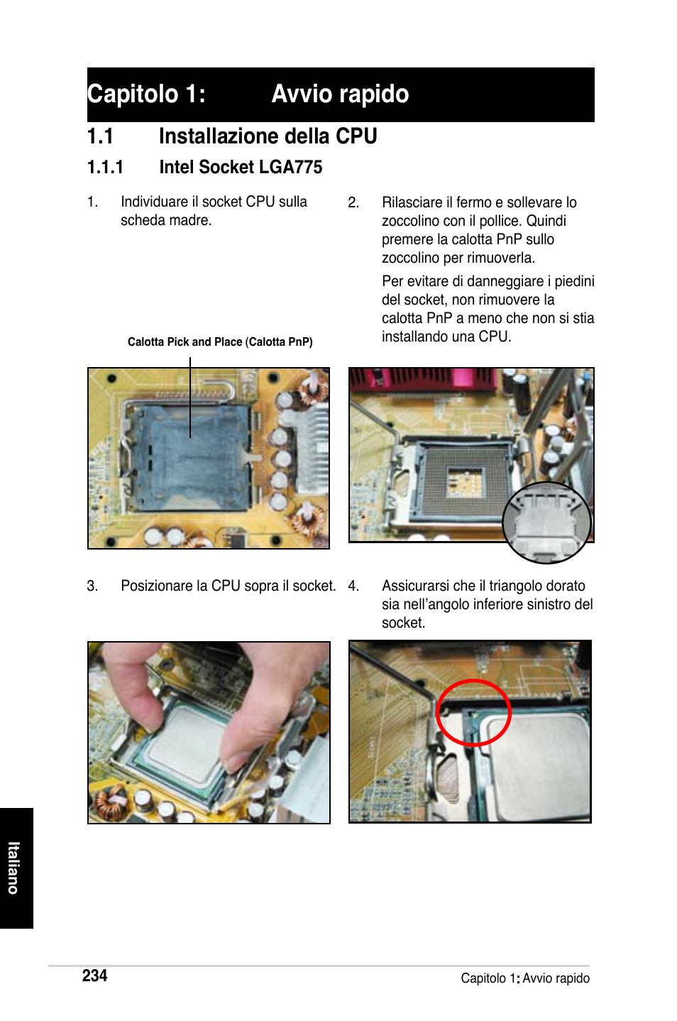 Capitolo 1: avvio rapido, 1 installazione della cpu | Asus M2Ne User Manual | Page 235 / 691