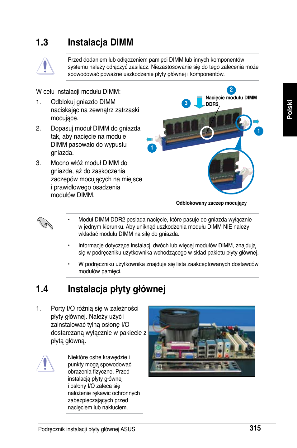 3 instalacja dimm, 4 instalacja płyty głównej | Asus M2Ne User Manual | Page 316 / 691