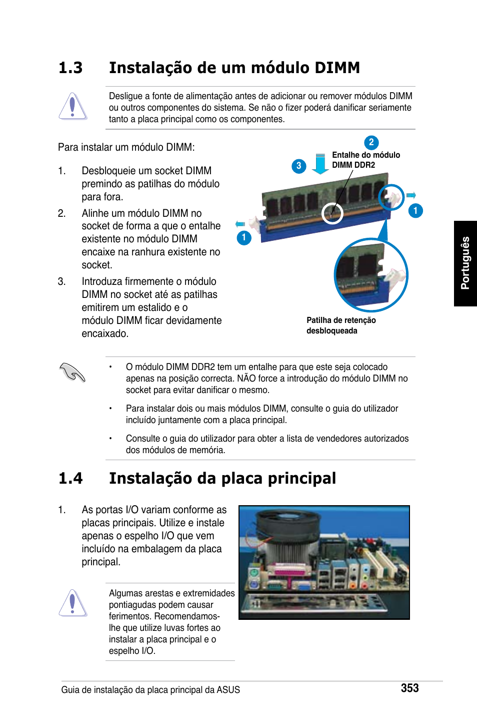 3 instalação de um módulo dimm, 4 instalação da placa principal | Asus M2Ne User Manual | Page 354 / 691